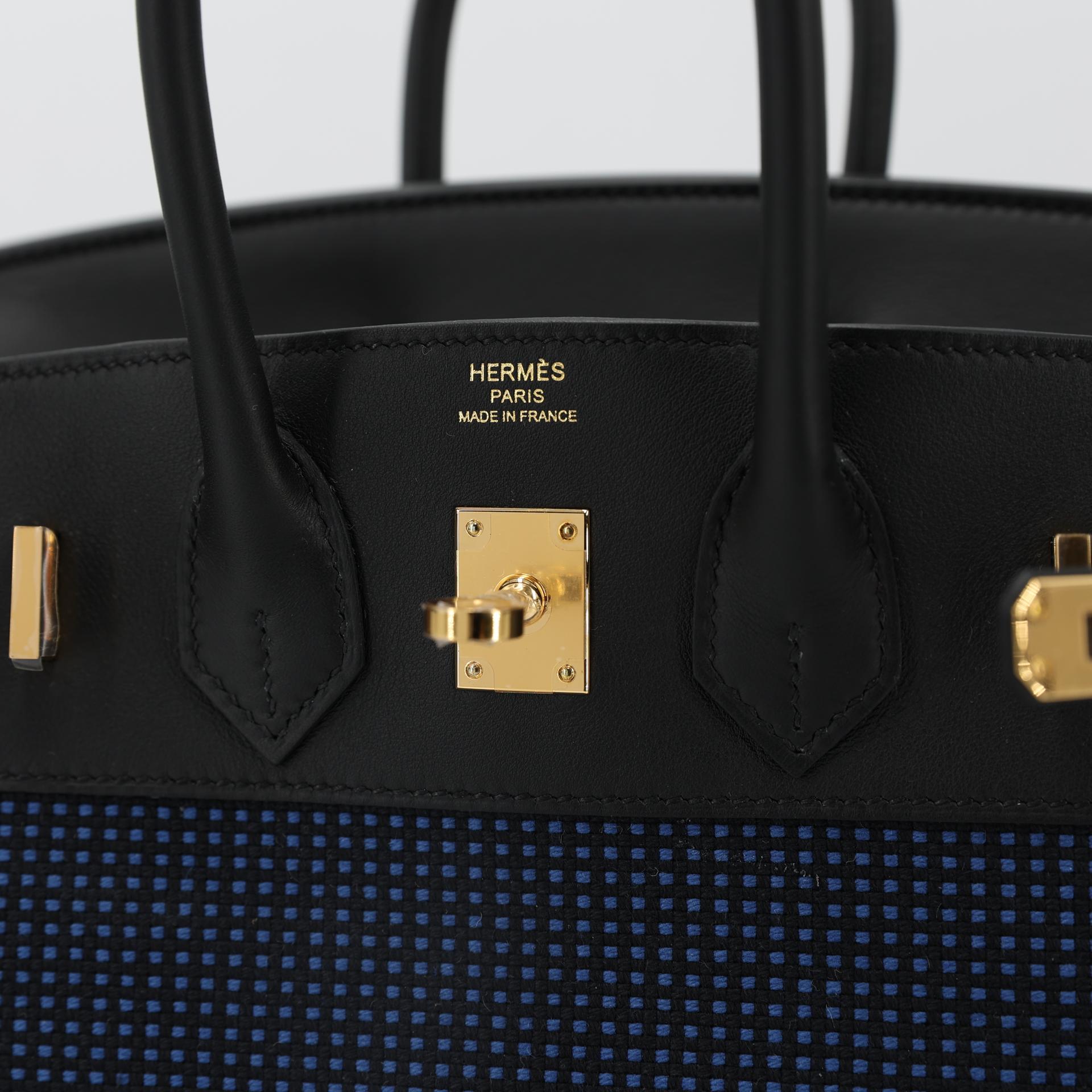 Brand New ( Rank N ) HERMÈS Birkin 25 Black (89) Bleu Egee Swift Toile Quadrille Gold hardware W (2024) - 9