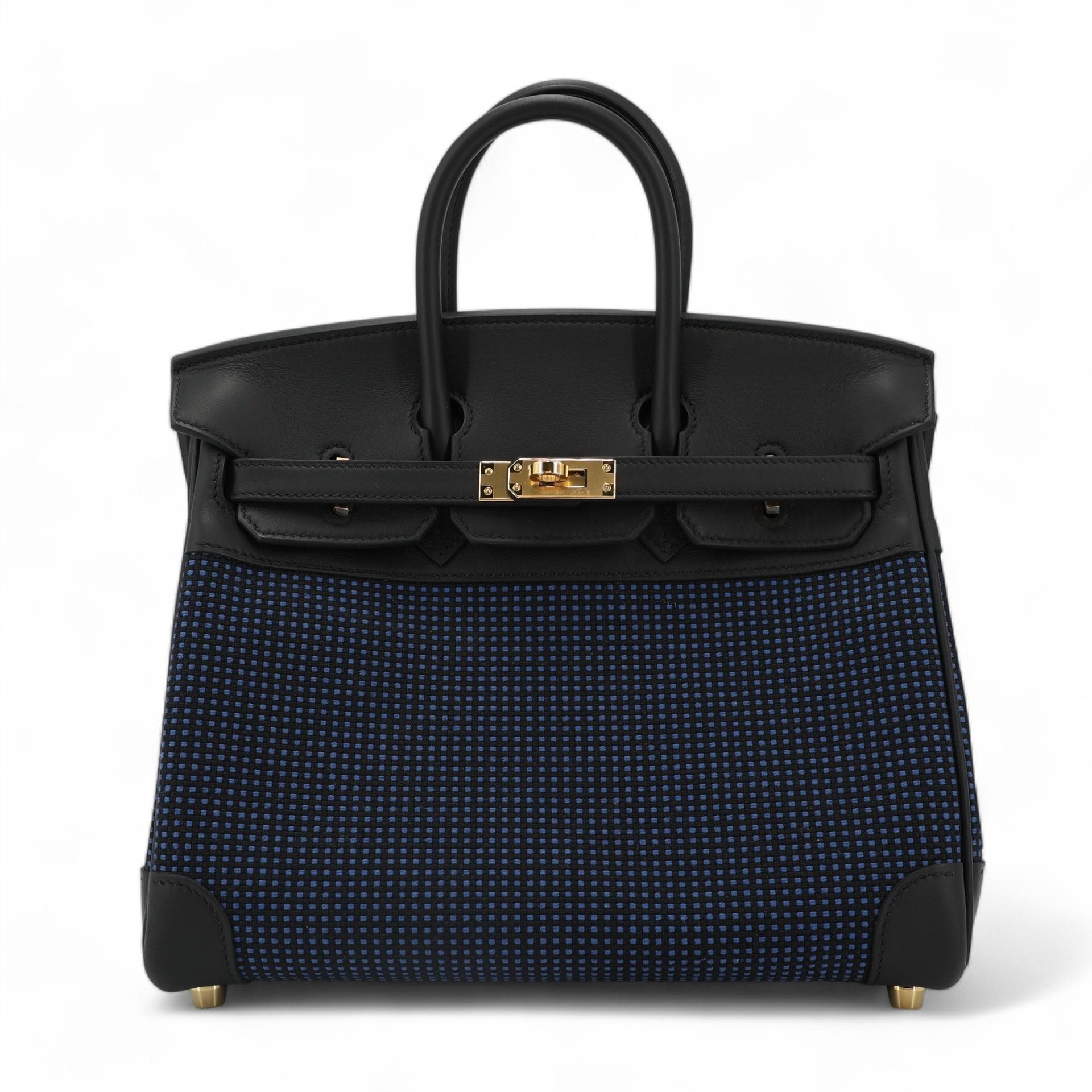 Brand New ( Rank N ) HERMÈS Birkin 25 Black (89) Bleu Egee Swift Toile Quadrille Gold hardware W (2024) - 1