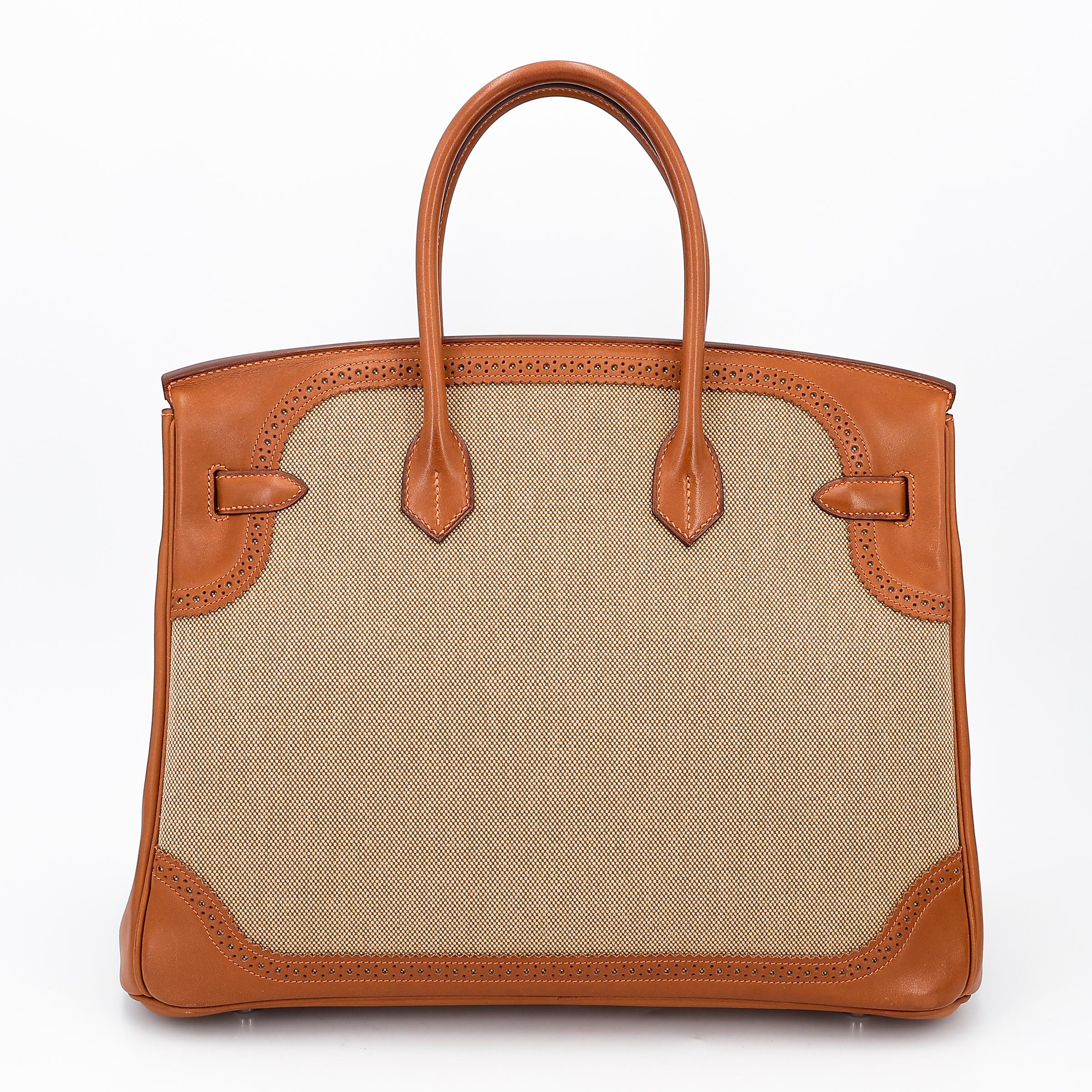A美品 HERMÈS 爱马仕 限量收藏款 Birkin Ghillies 35 17 雪茄色 Ficelle 34 福宝 Fauve 帆布 Barenia 马鞍皮 拉丝银扣 □R刻 2014年 - 2