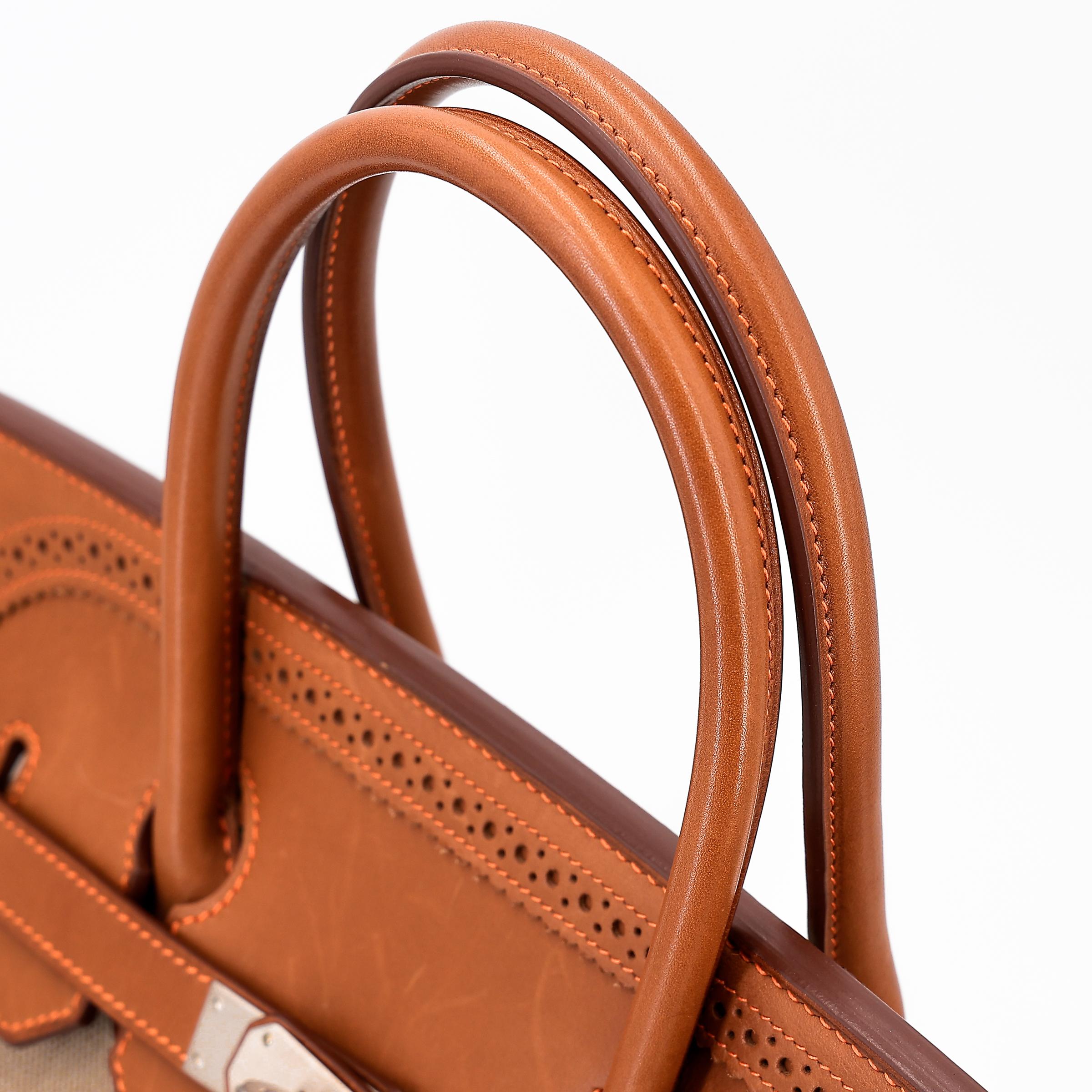 A美品 HERMÈS 爱马仕 限量收藏款 Birkin Ghillies 35 17 雪茄色 Ficelle 34 福宝 Fauve 帆布 Barenia 马鞍皮 拉丝银扣 □R刻 2014年 - 3