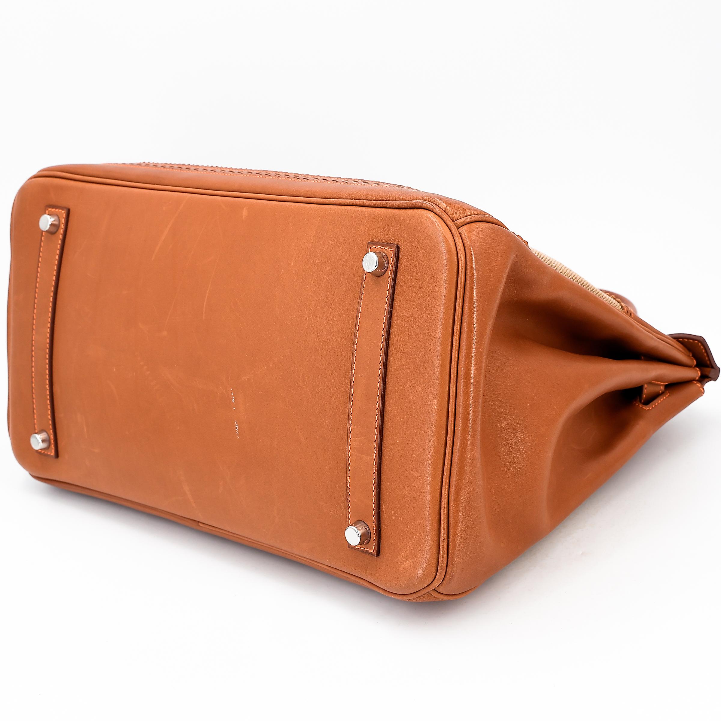 A美品 HERMÈS 爱马仕 限量收藏款 Birkin Ghillies 35 17 雪茄色 Ficelle 34 福宝 Fauve 帆布 Barenia 马鞍皮 拉丝银扣 □R刻 2014年 - 9