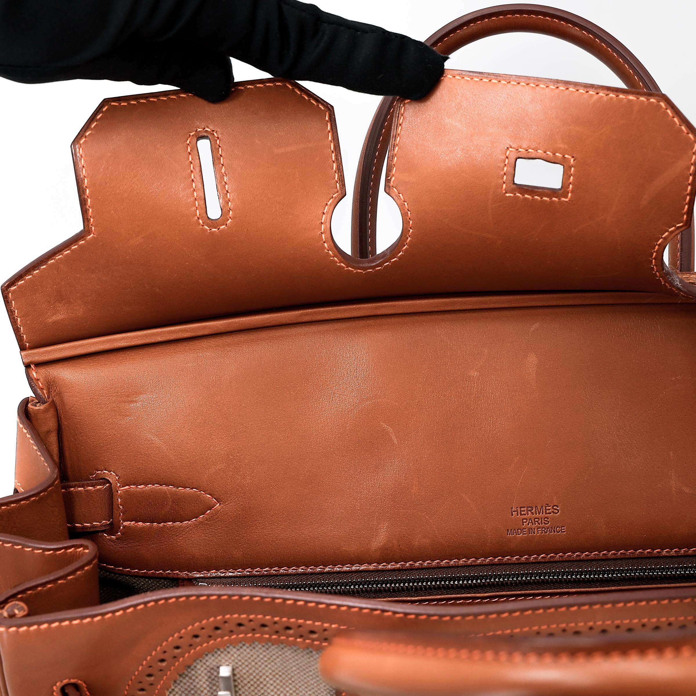 A美品 HERMÈS 爱马仕 限量收藏款 Birkin Ghillies 35 17 雪茄色 Ficelle 34 福宝 Fauve 帆布 Barenia 马鞍皮 拉丝银扣 □R刻 2014年 - 32