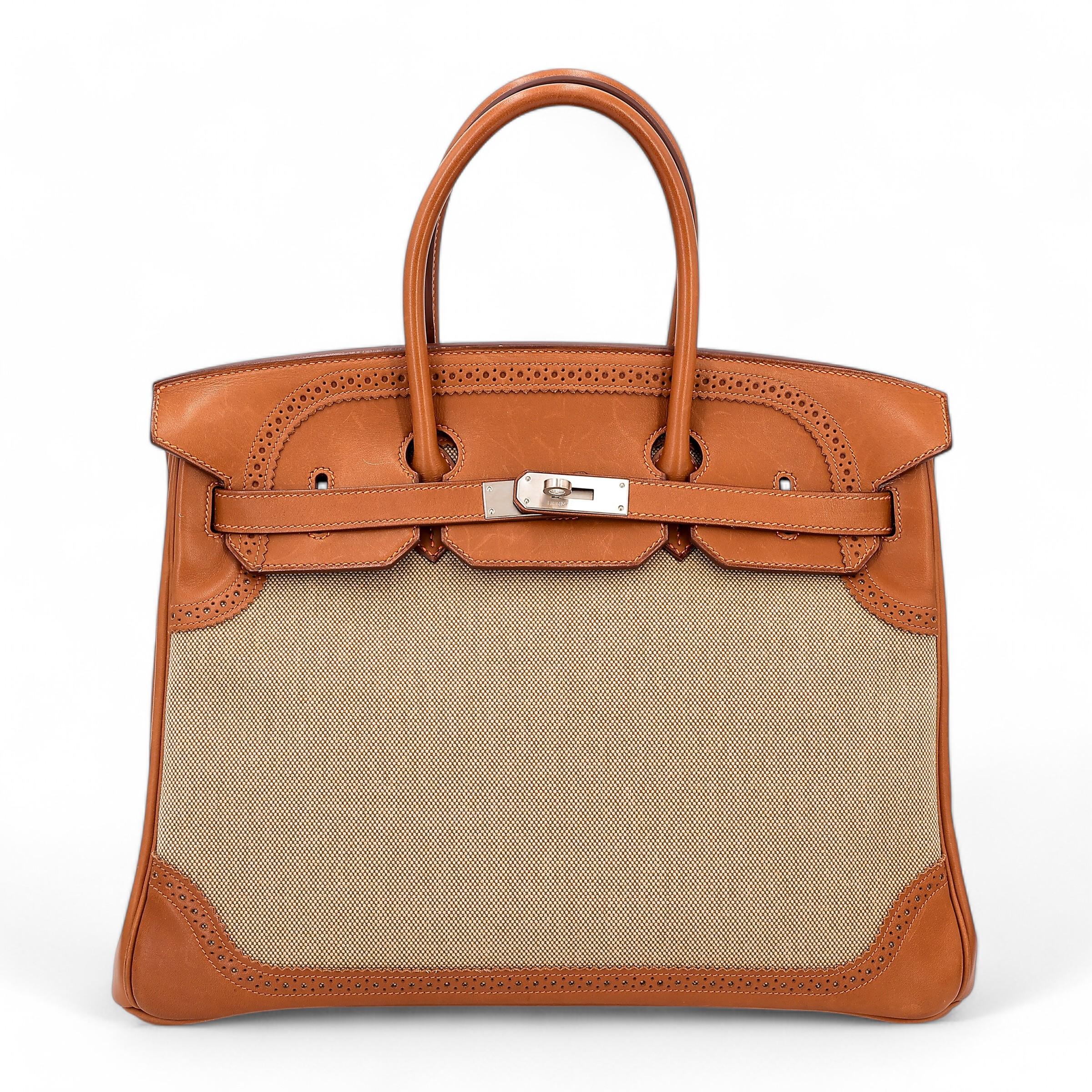 A美品 HERMÈS 爱马仕 限量收藏款 Birkin Ghillies 35 17 雪茄色 Ficelle 34 福宝 Fauve 帆布 Barenia 马鞍皮 拉丝银扣 □R刻 2014年 - 1