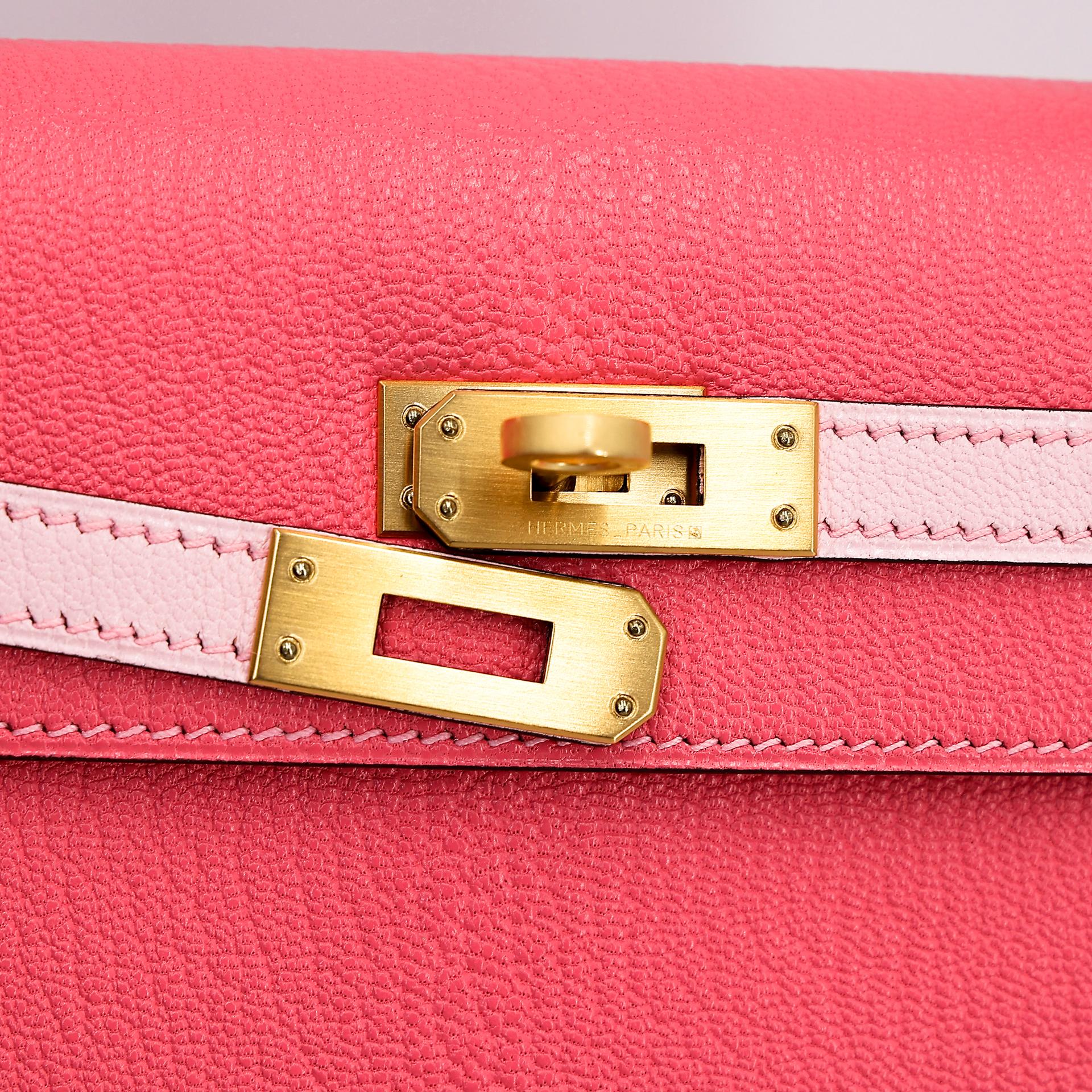 Unused ( Rank NS ) HERMÈS Special Order Kelly 25 HSS Sellier Rose Azalee (8W) Rose Sakura (3Q) Chevre Brushed Gold hardware X (2016) - 8