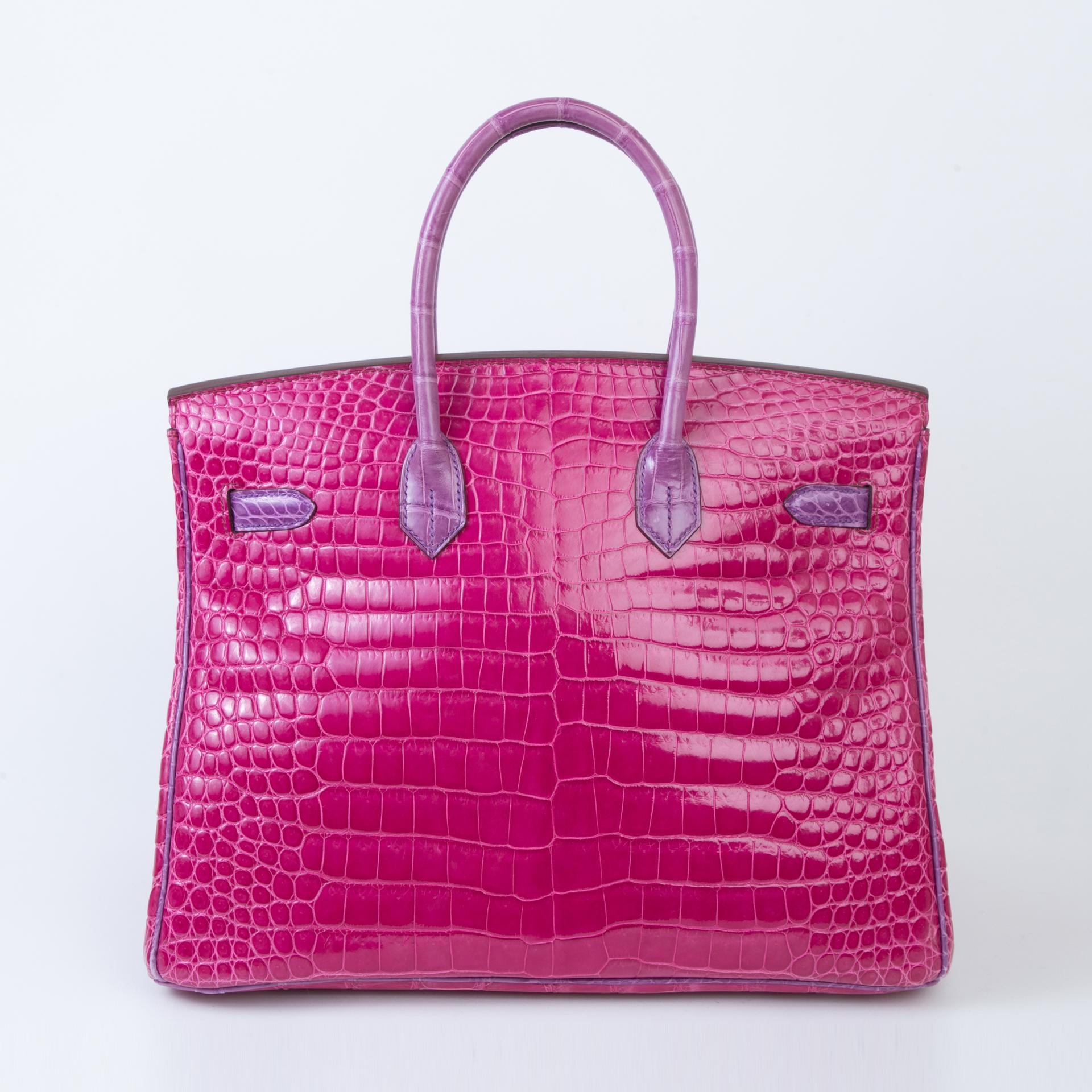 Very Good ( Rank A) HERMÈS Birkin 35 Fuchsia (5J) Violine (5C) Shiny Porosus Crocodile Palladium hardware Square R (2014) - 2