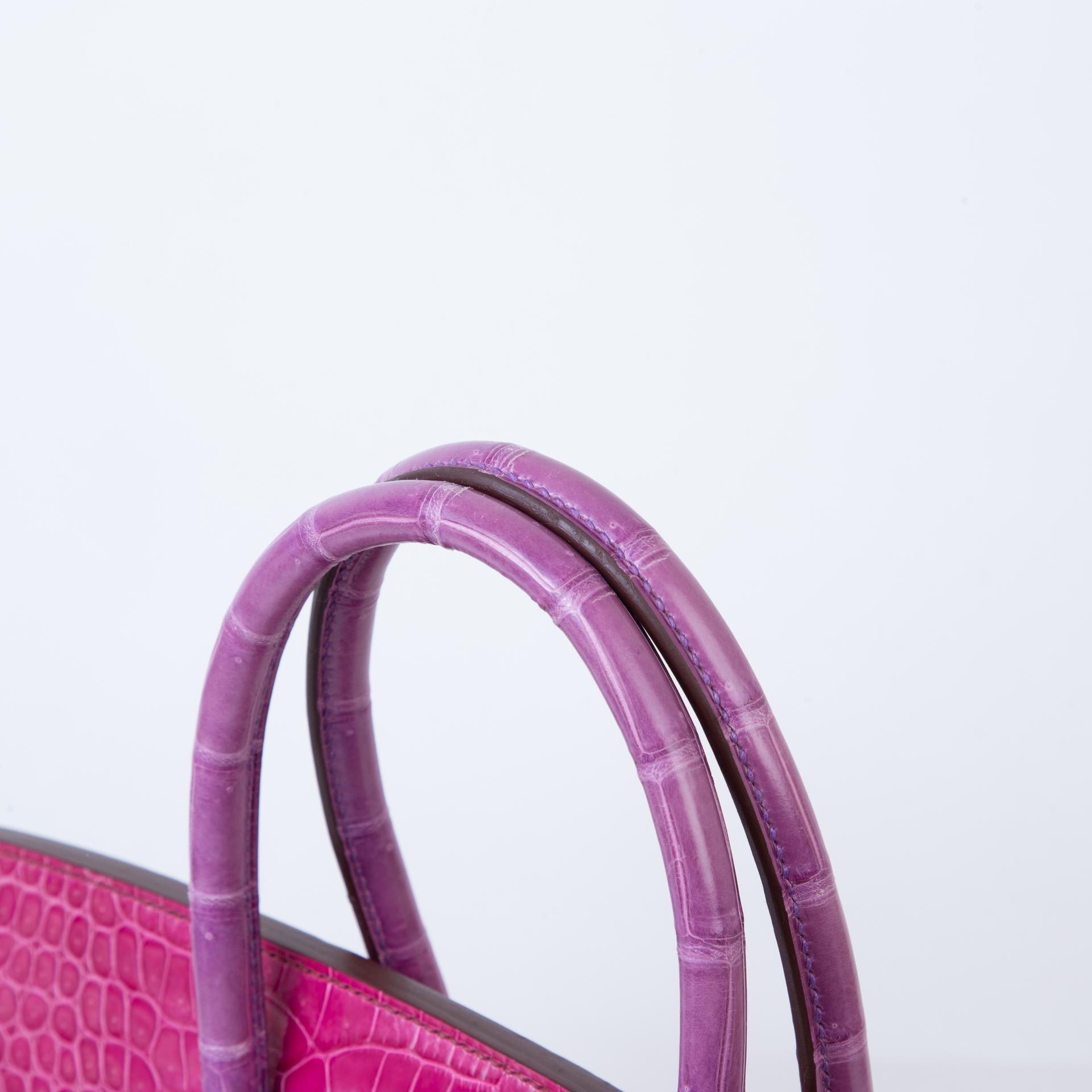 Very Good ( Rank A) HERMÈS Birkin 35 Fuchsia (5J) Violine (5C) Shiny Porosus Crocodile Palladium hardware Square R (2014) - 3