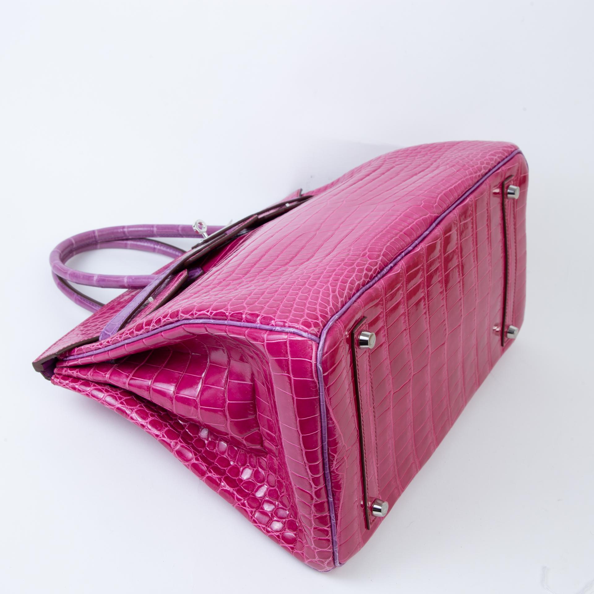 Very Good ( Rank A) HERMÈS Birkin 35 Fuchsia (5J) Violine (5C) Shiny Porosus Crocodile Palladium hardware Square R (2014) - 4