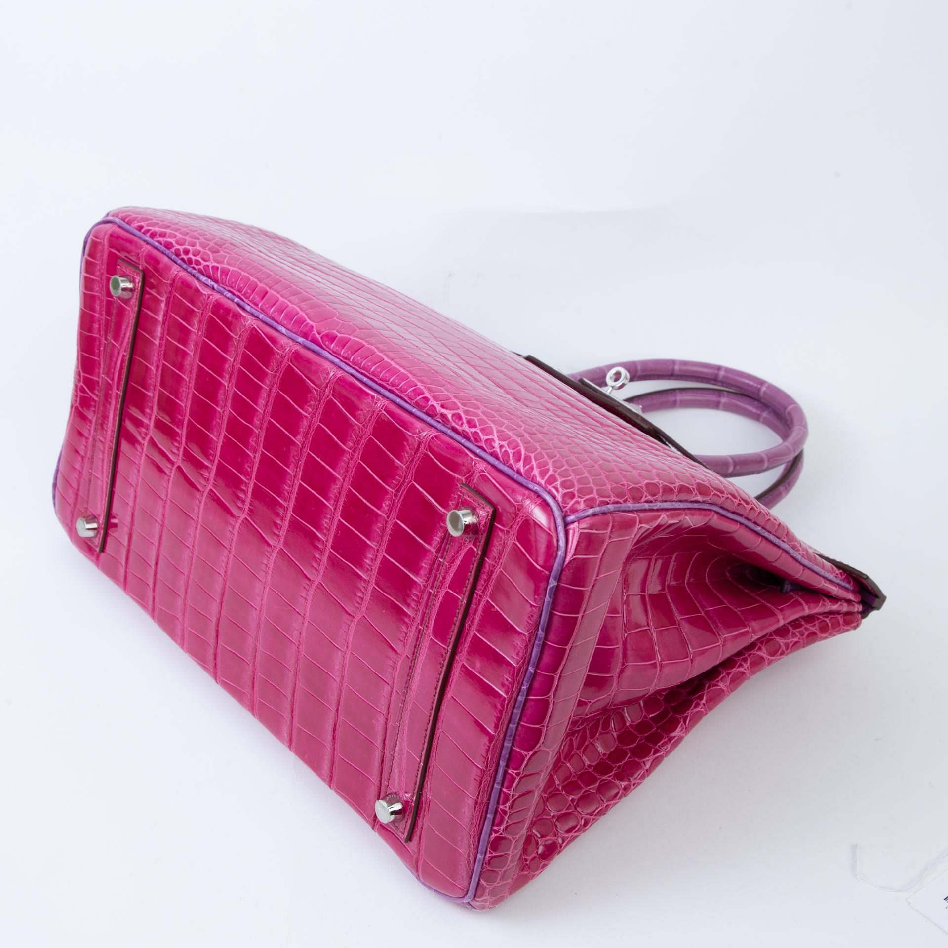 Very Good ( Rank A) HERMÈS Birkin 35 Fuchsia (5J) Violine (5C) Shiny Porosus Crocodile Palladium hardware Square R (2014) - 5