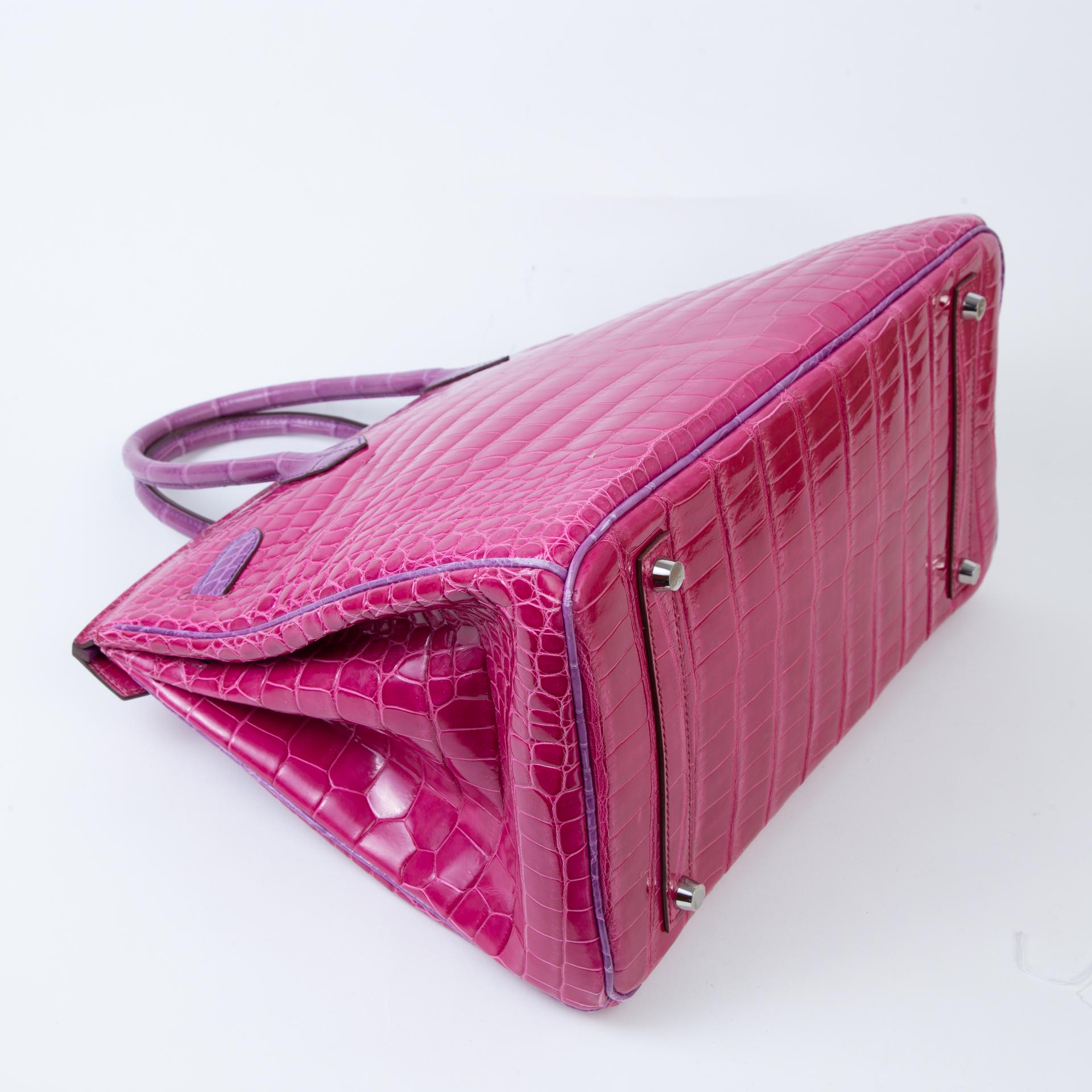 Very Good ( Rank A) HERMÈS Birkin 35 Fuchsia (5J) Violine (5C) Shiny Porosus Crocodile Palladium hardware Square R (2014) - 6