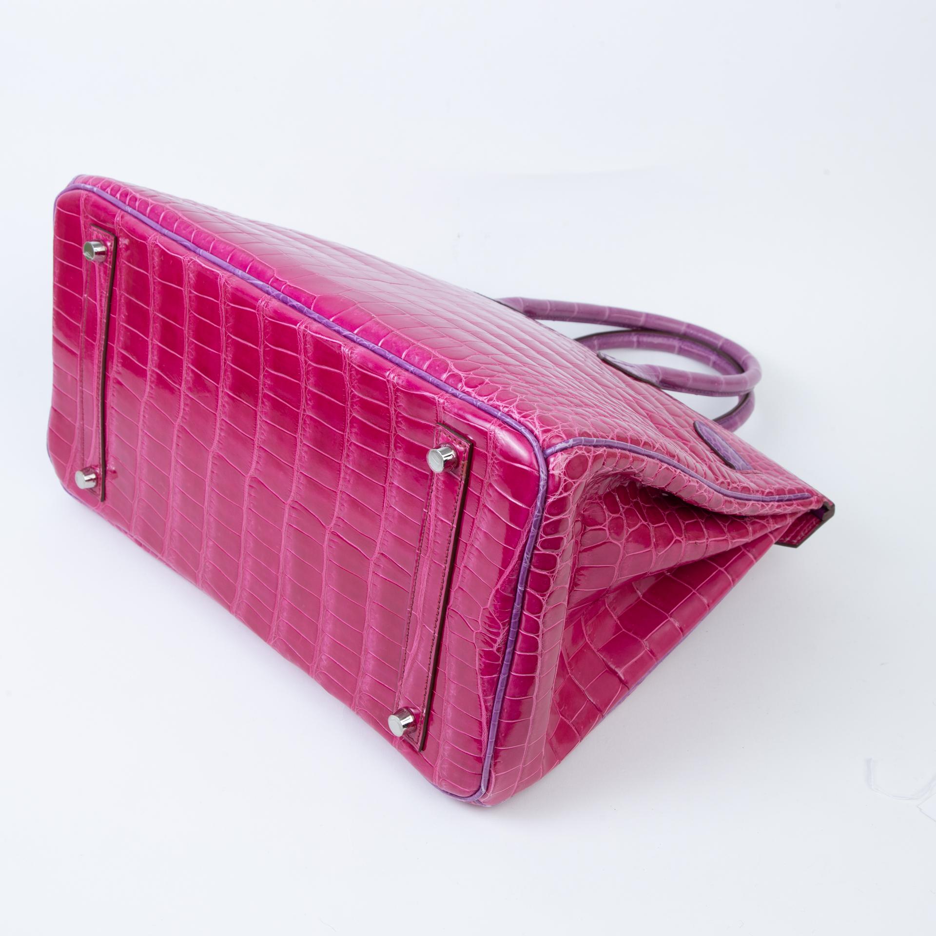 Very Good ( Rank A) HERMÈS Birkin 35 Fuchsia (5J) Violine (5C) Shiny Porosus Crocodile Palladium hardware Square R (2014) - 7