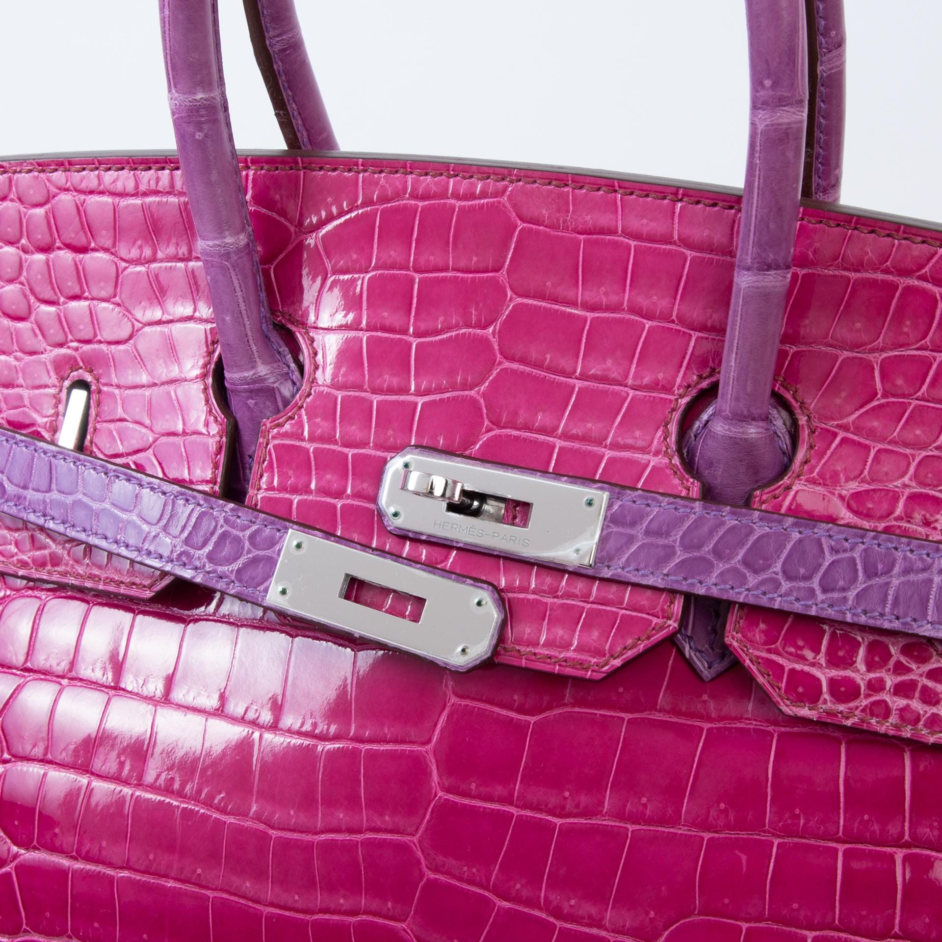 Very Good ( Rank A) HERMÈS Birkin 35 Fuchsia (5J) Violine (5C) Shiny Porosus Crocodile Palladium hardware Square R (2014) - 8