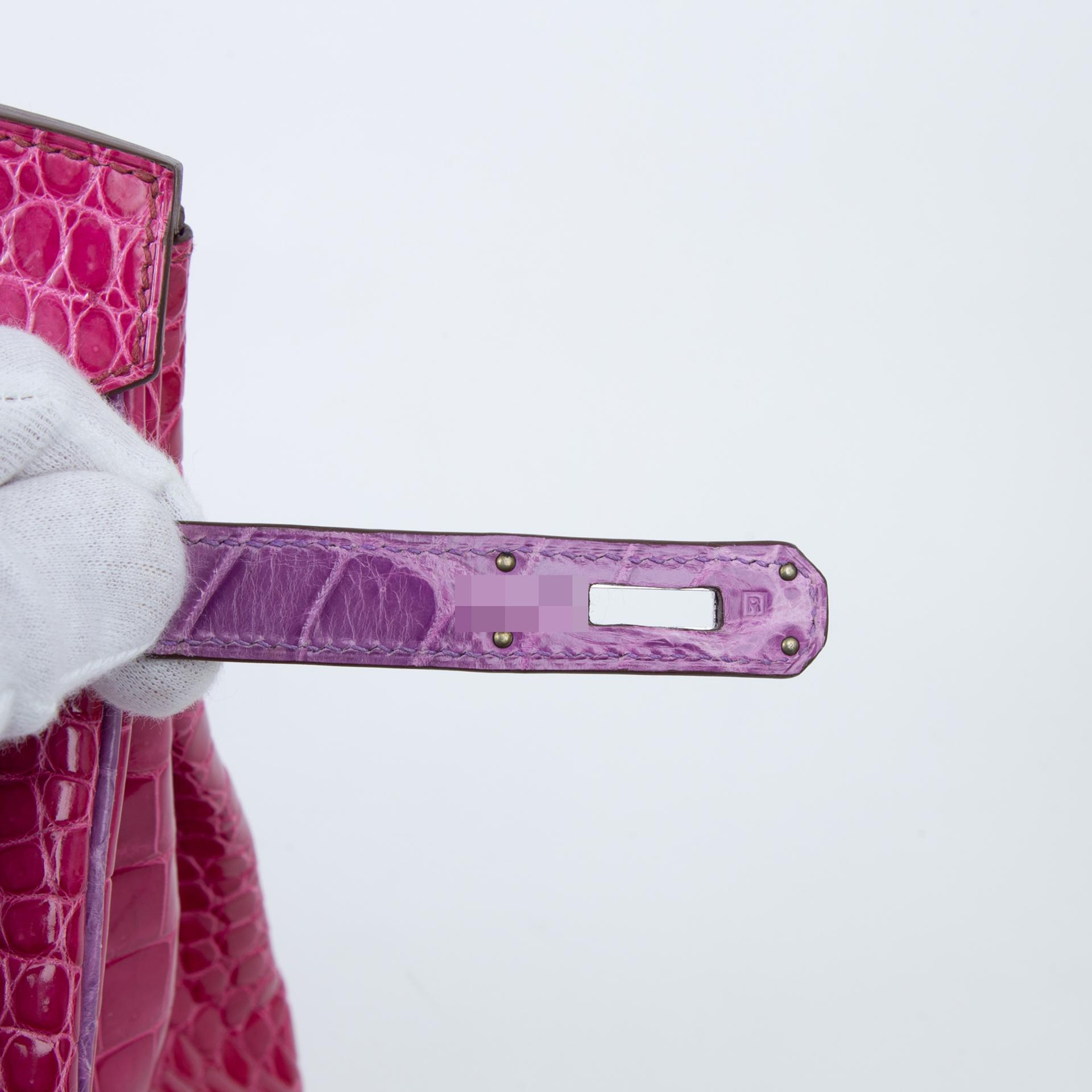 Very Good ( Rank A) HERMÈS Birkin 35 Fuchsia (5J) Violine (5C) Shiny Porosus Crocodile Palladium hardware Square R (2014) - 9