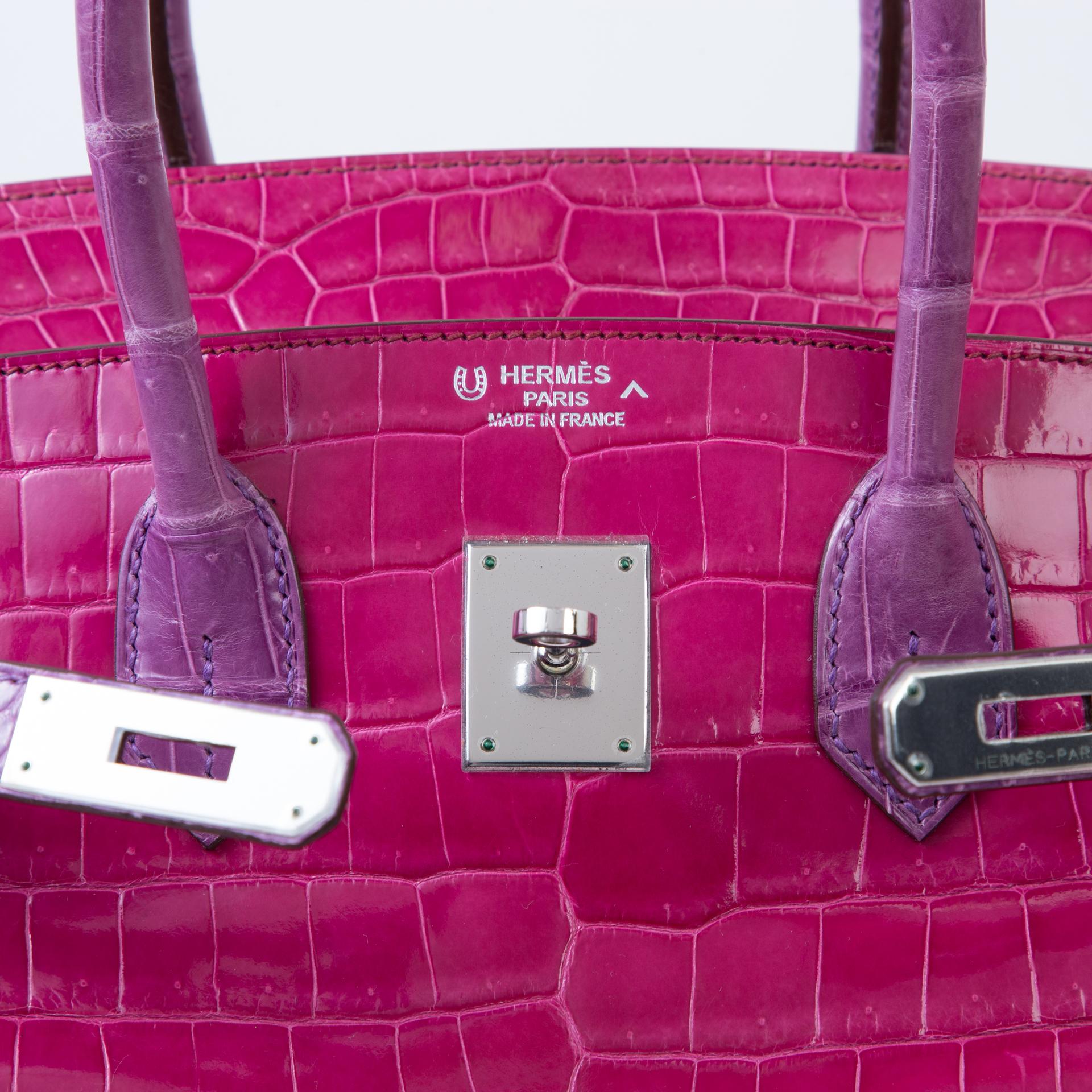 Very Good ( Rank A) HERMÈS Birkin 35 Fuchsia (5J) Violine (5C) Shiny Porosus Crocodile Palladium hardware Square R (2014) - 10