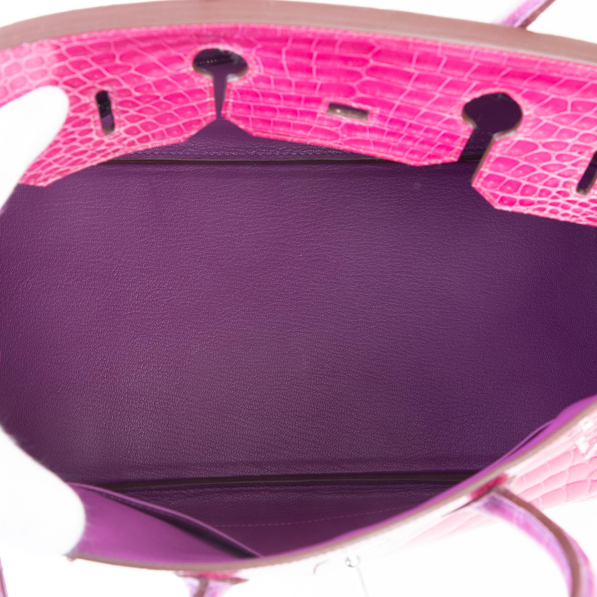 Very Good ( Rank A) HERMÈS Birkin 35 Fuchsia (5J) Violine (5C) Shiny Porosus Crocodile Palladium hardware Square R (2014) - 11