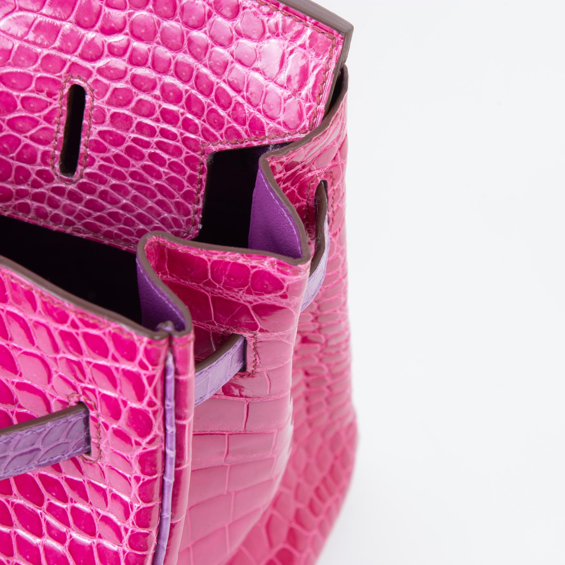 Very Good ( Rank A) HERMÈS Birkin 35 Fuchsia (5J) Violine (5C) Shiny Porosus Crocodile Palladium hardware Square R (2014) - 12