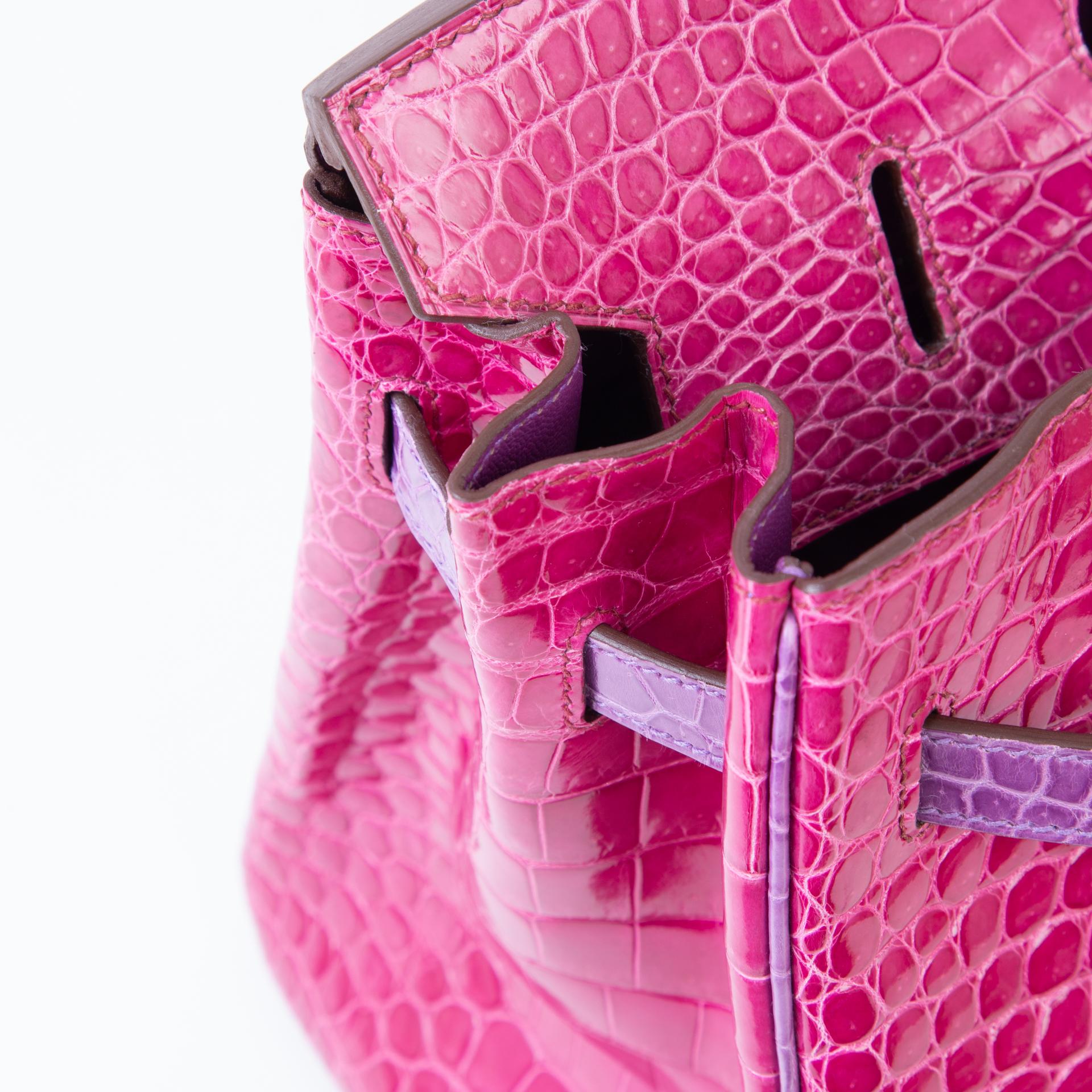 Very Good ( Rank A) HERMÈS Birkin 35 Fuchsia (5J) Violine (5C) Shiny Porosus Crocodile Palladium hardware Square R (2014) - 13