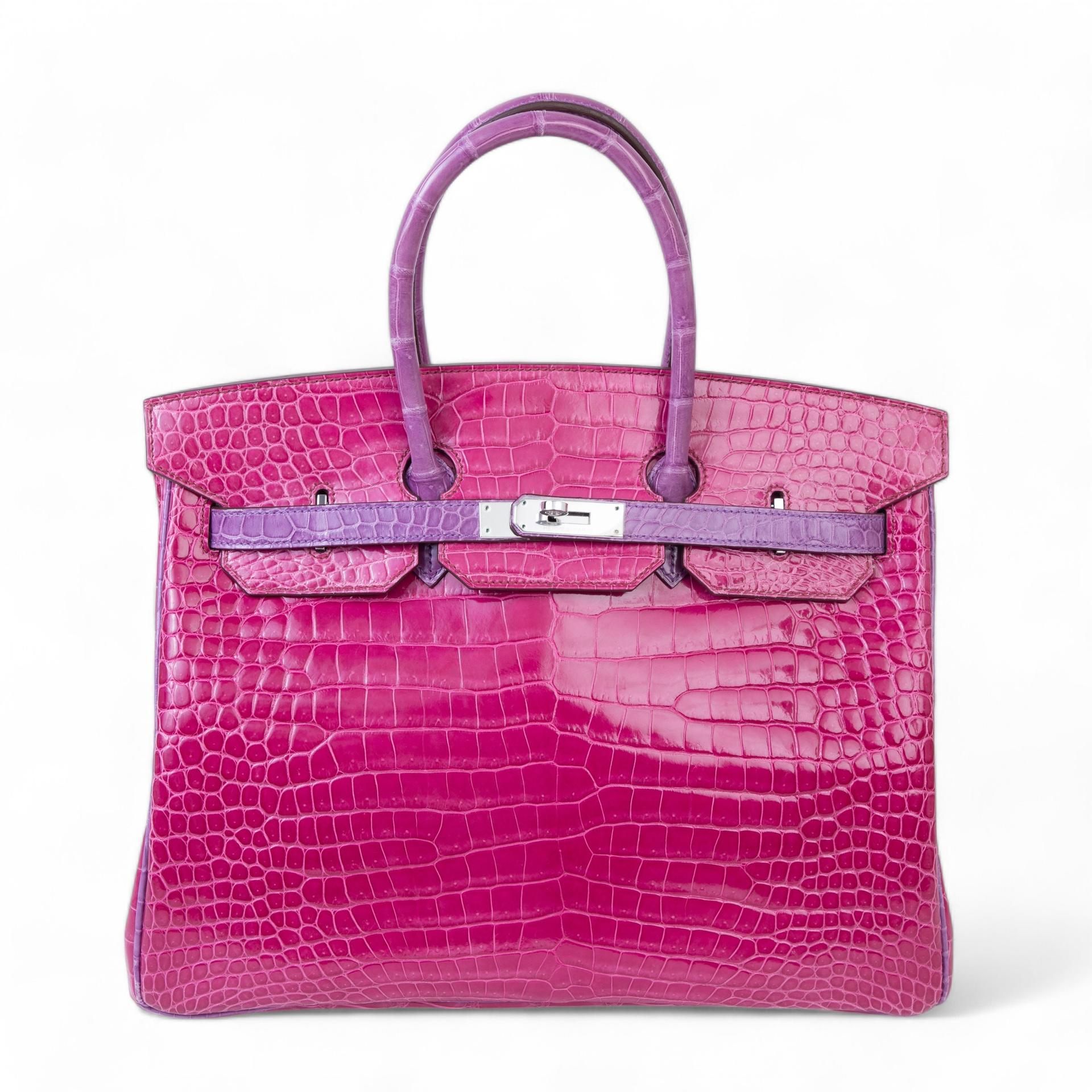 Very Good ( Rank A) HERMÈS Birkin 35 Fuchsia (5J) Violine (5C) Shiny Porosus Crocodile Palladium hardware Square R (2014) - 1
