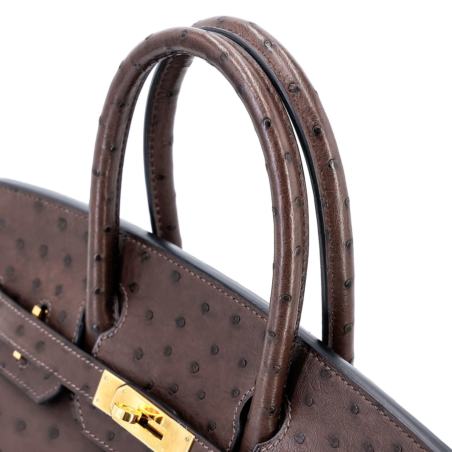 Very Good ( Rank A) HERMÈS Birkin 30 Marron Fonce (45) Ostrich Gold hardware Square O (2011) - 3