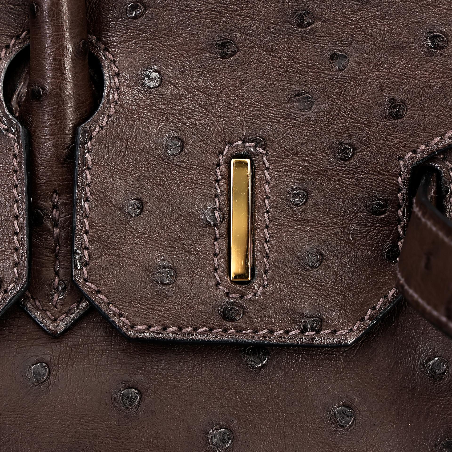 Very Good ( Rank A) HERMÈS Birkin 30 Marron Fonce (45) Ostrich Gold hardware Square O (2011) - 14