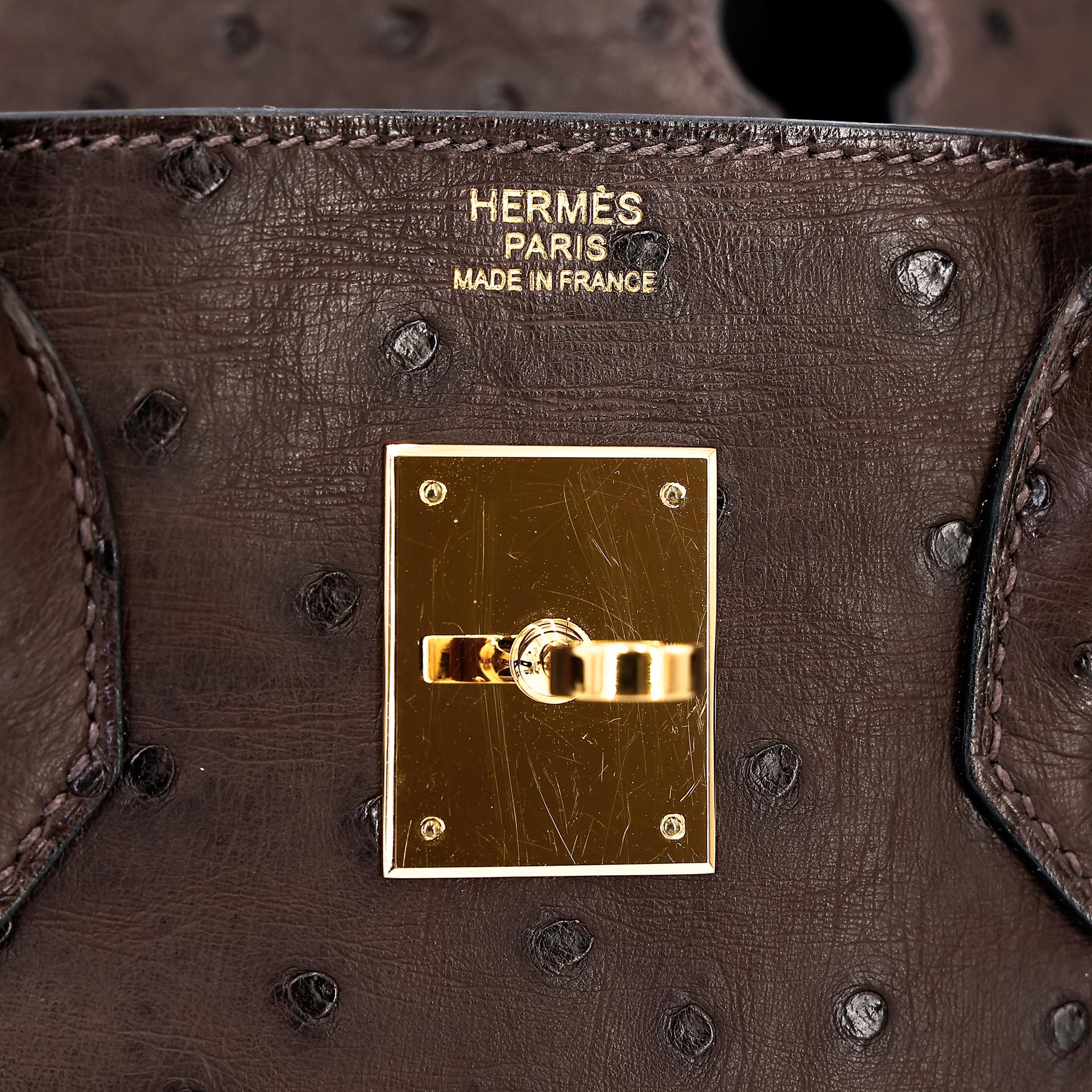 Very Good ( Rank A) HERMÈS Birkin 30 Marron Fonce (45) Ostrich Gold hardware Square O (2011) - 16