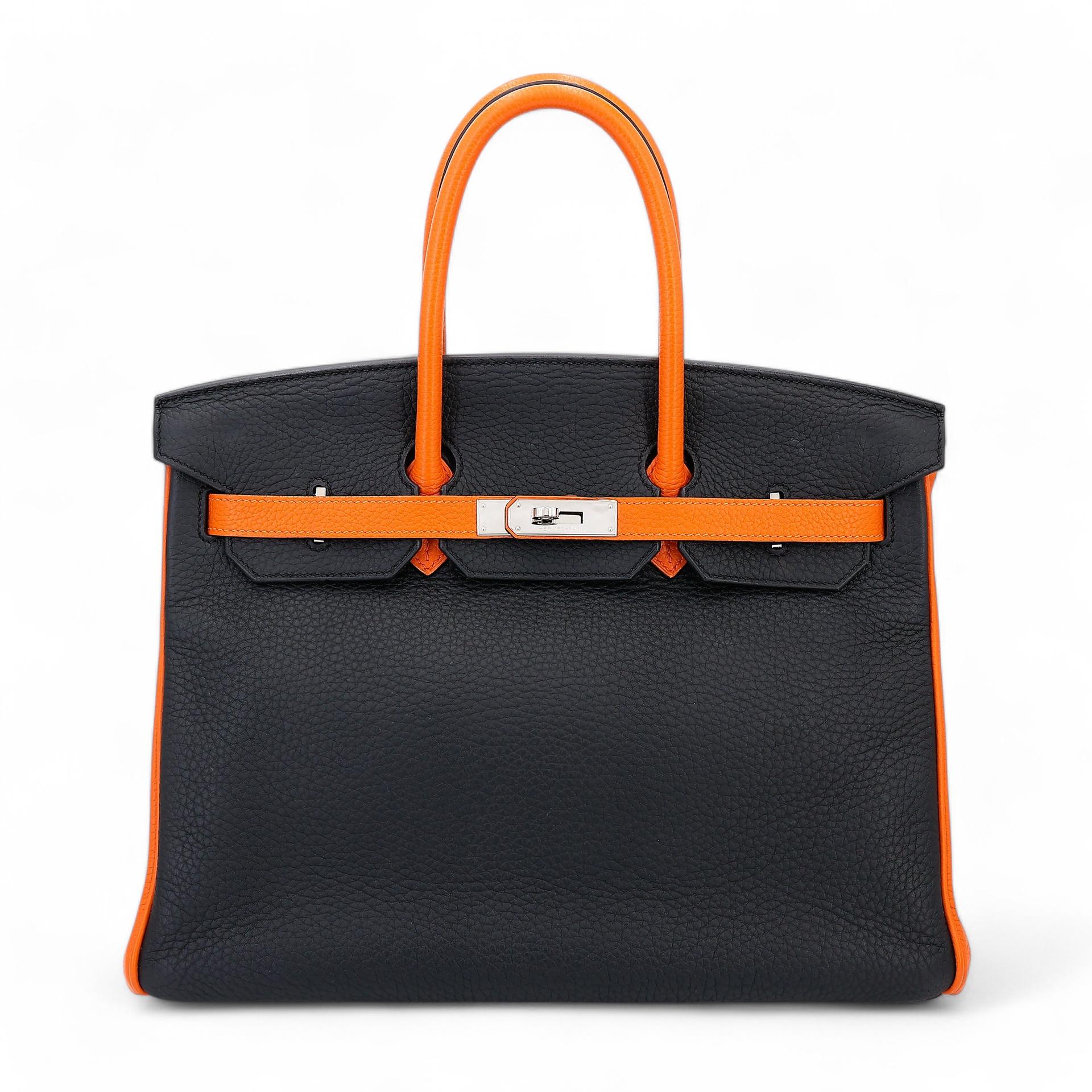 Very Good ( Rank A) HERMÈS Special Order Birkin 35 HSS Orange (93) Black (89) Clemence Palladium hardware Square P (2012) - 1