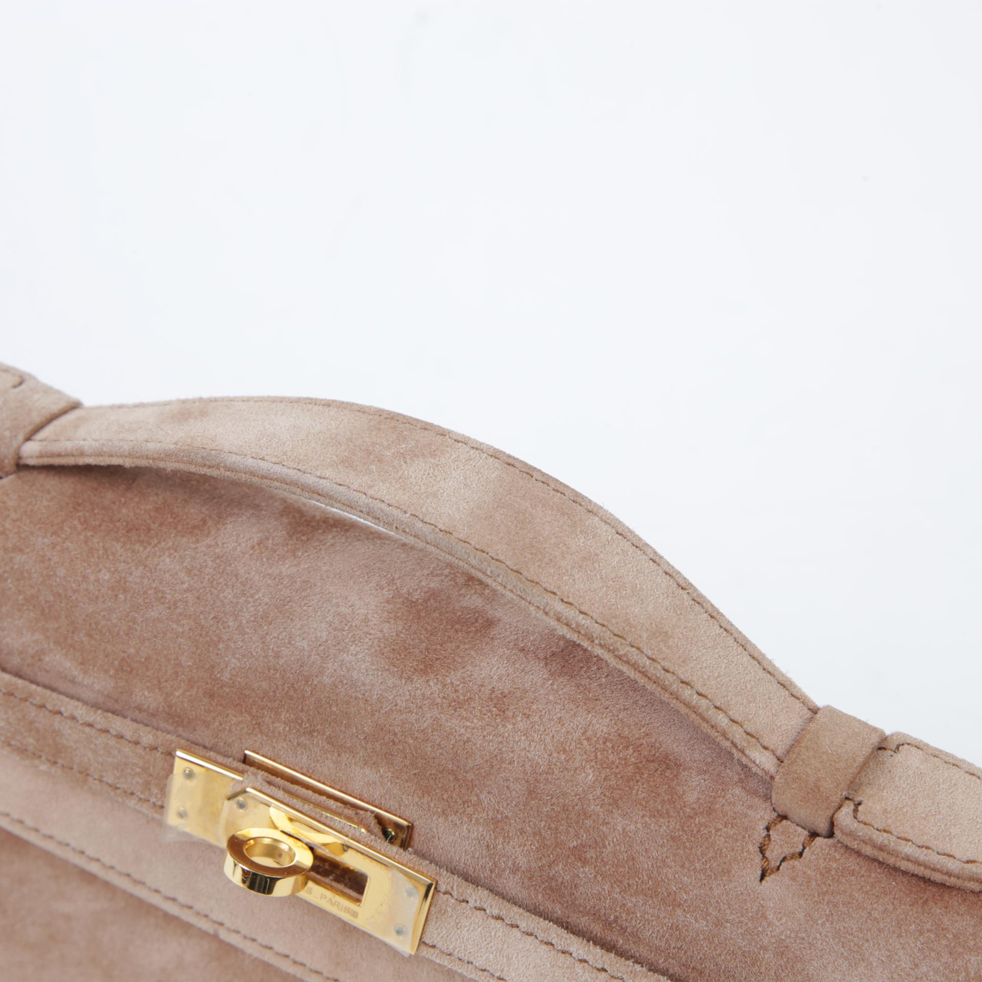 中古AB HERMÈS 爱马仕 Kelly Pochette 棕色 Doblis Suede 麂皮 金扣 □I刻 2005年 - 3