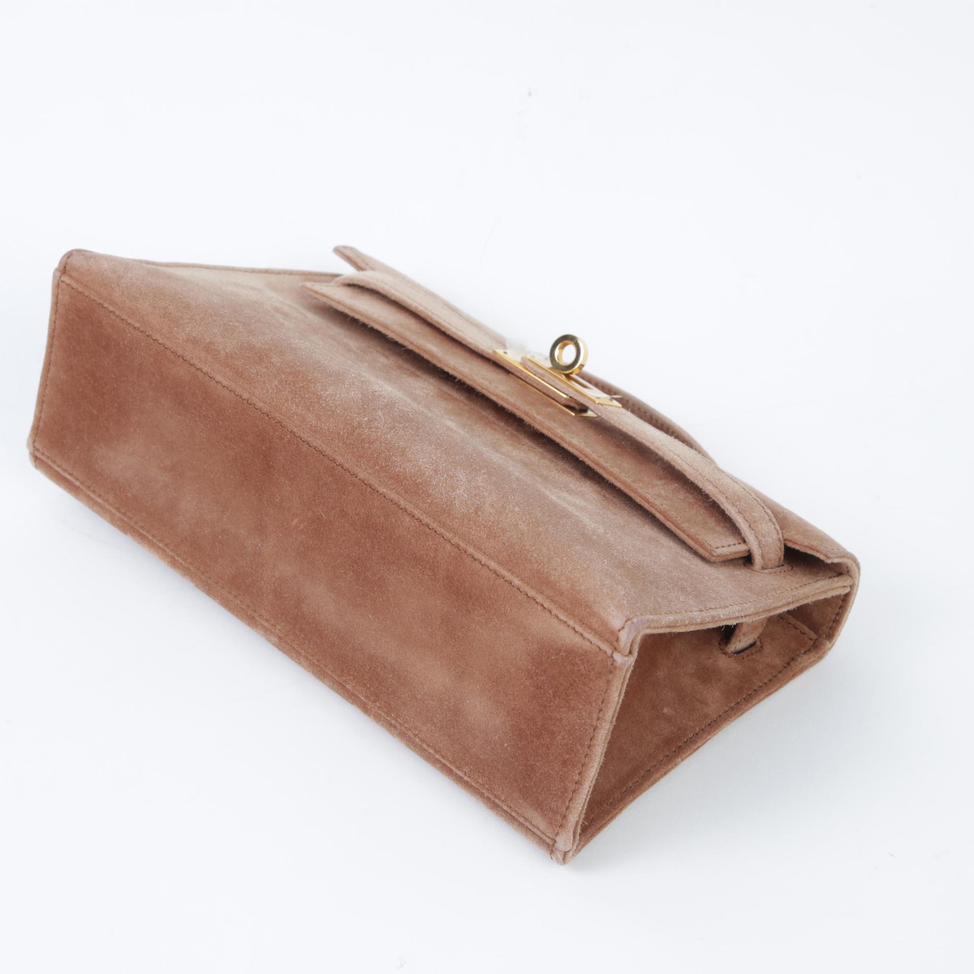 中古AB HERMÈS 爱马仕 Kelly Pochette 棕色 Doblis Suede 麂皮 金扣 □I刻 2005年 - 5
