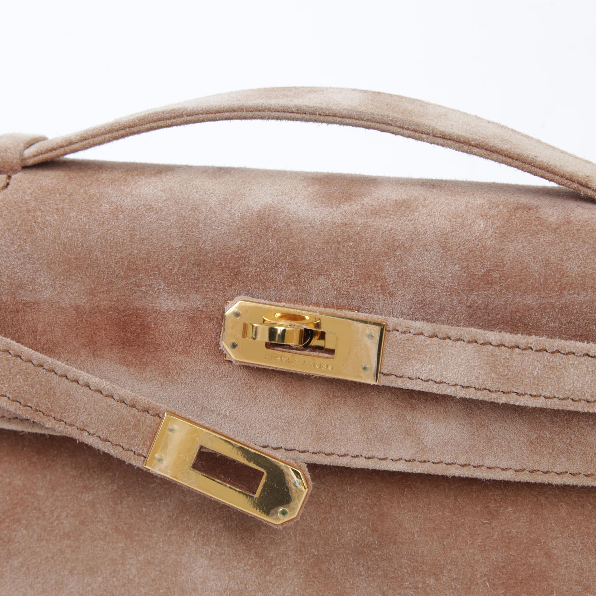 中古AB HERMÈS 爱马仕 Kelly Pochette 棕色 Doblis Suede 麂皮 金扣 □I刻 2005年 - 8
