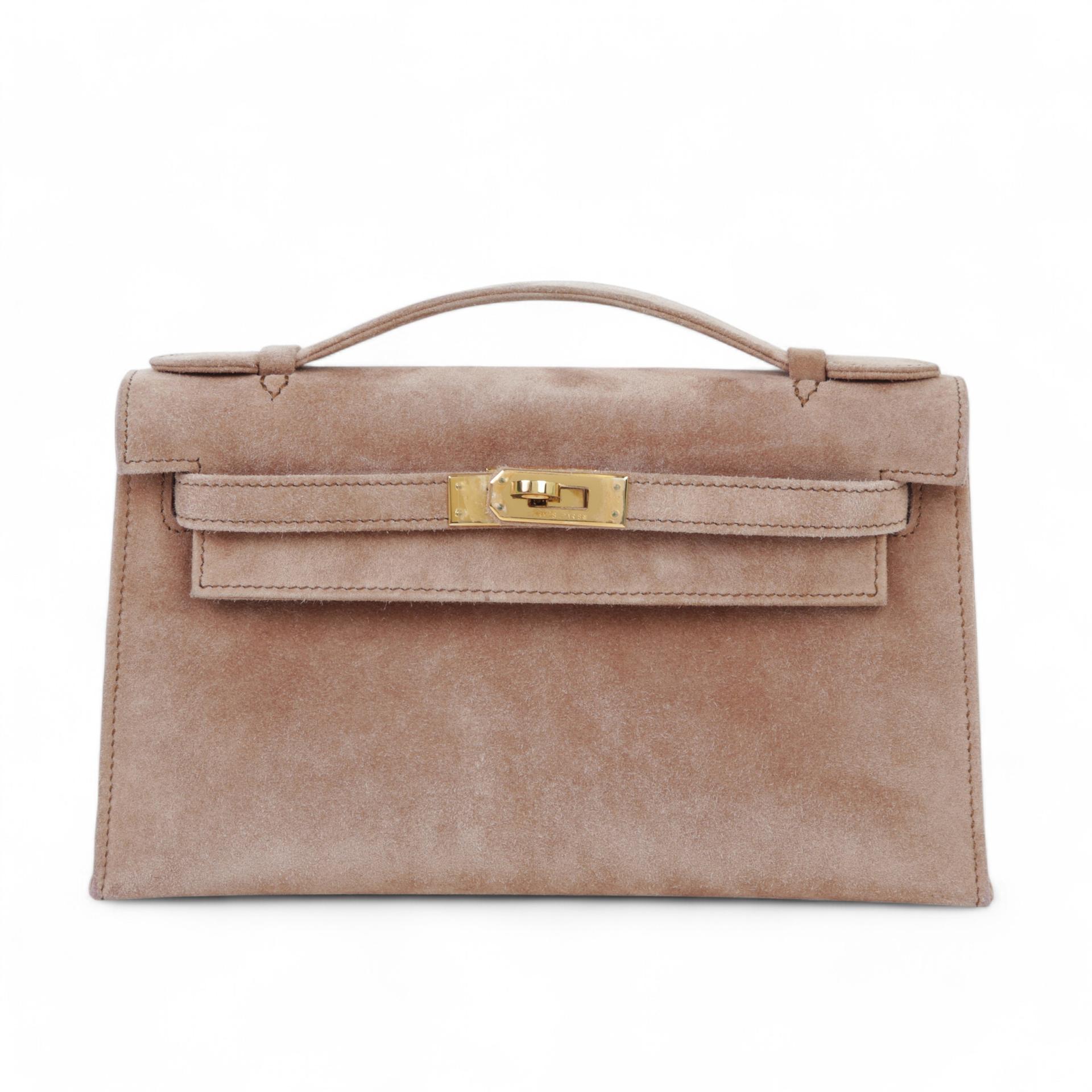 中古AB HERMÈS 爱马仕 Kelly Pochette 棕色 Doblis Suede 麂皮 金扣 □I刻 2005年 - 1