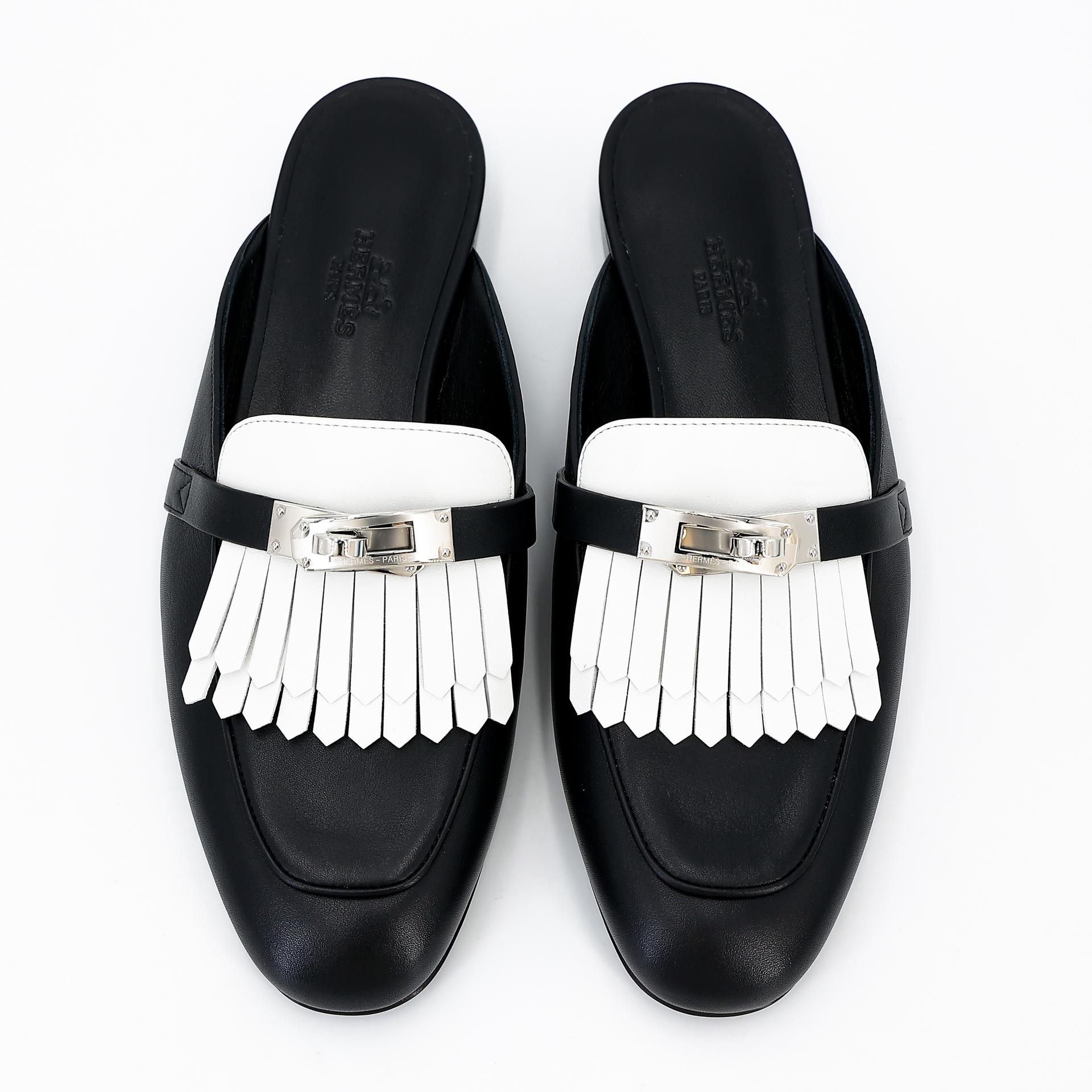Brand New ( Rank N ) HERMÈS Oz mule Black (89) White (01) Calfskin Palladium hardware - 2