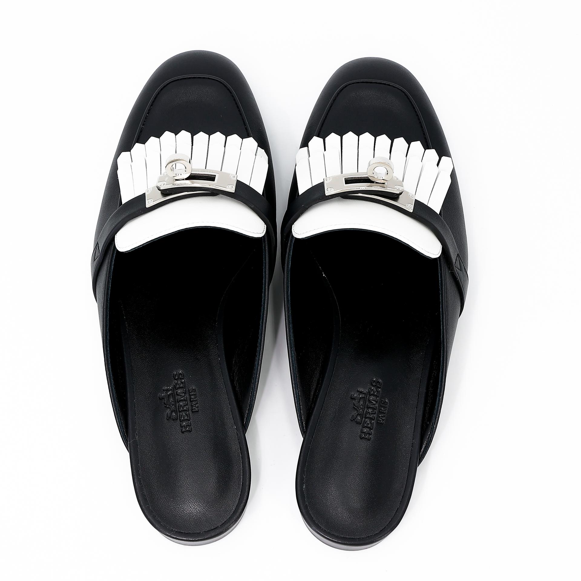 Brand New ( Rank N ) HERMÈS Oz mule Black (89) White (01) Calfskin Palladium hardware - 3