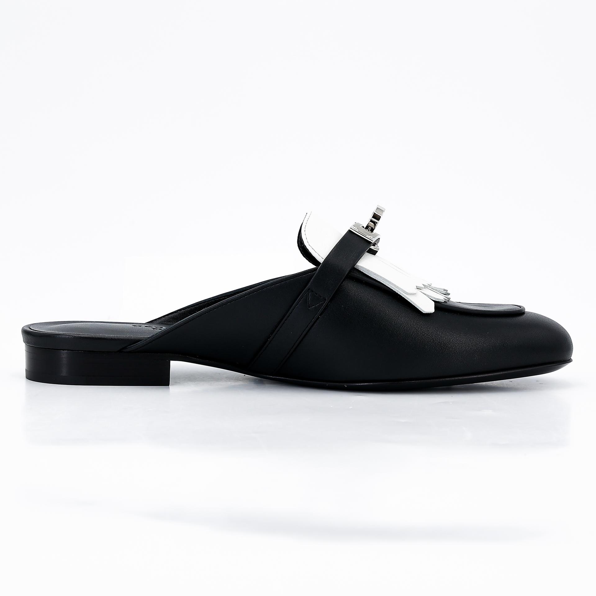 Brand New ( Rank N ) HERMÈS Oz mule Black (89) White (01) Calfskin Palladium hardware - 5
