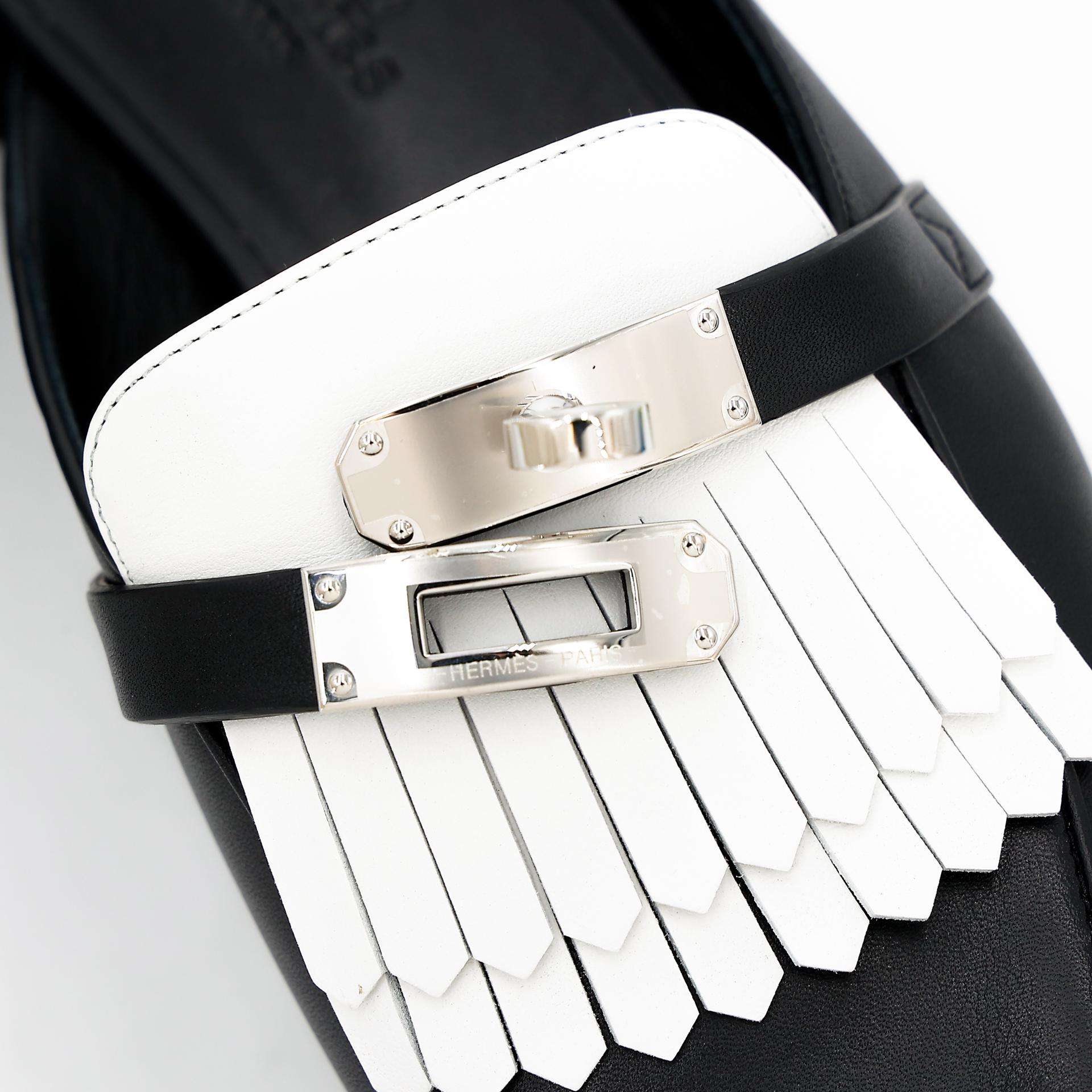 Brand New ( Rank N ) HERMÈS Oz mule Black (89) White (01) Calfskin Palladium hardware - 6
