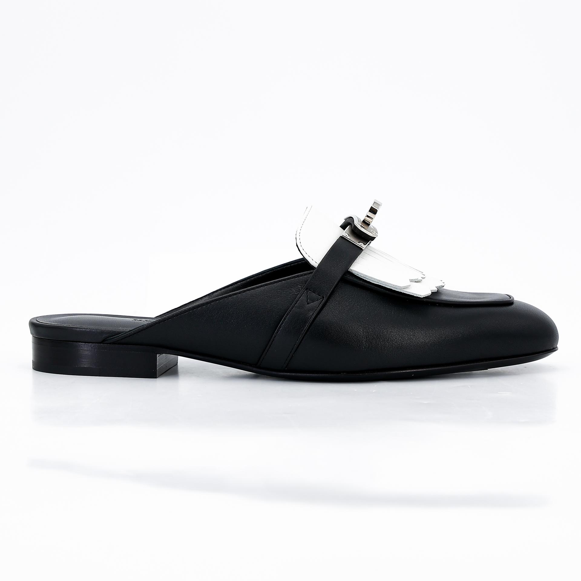 Brand New ( Rank N ) HERMÈS Oz mule Black (89) White (01) Calfskin Palladium hardware - 11