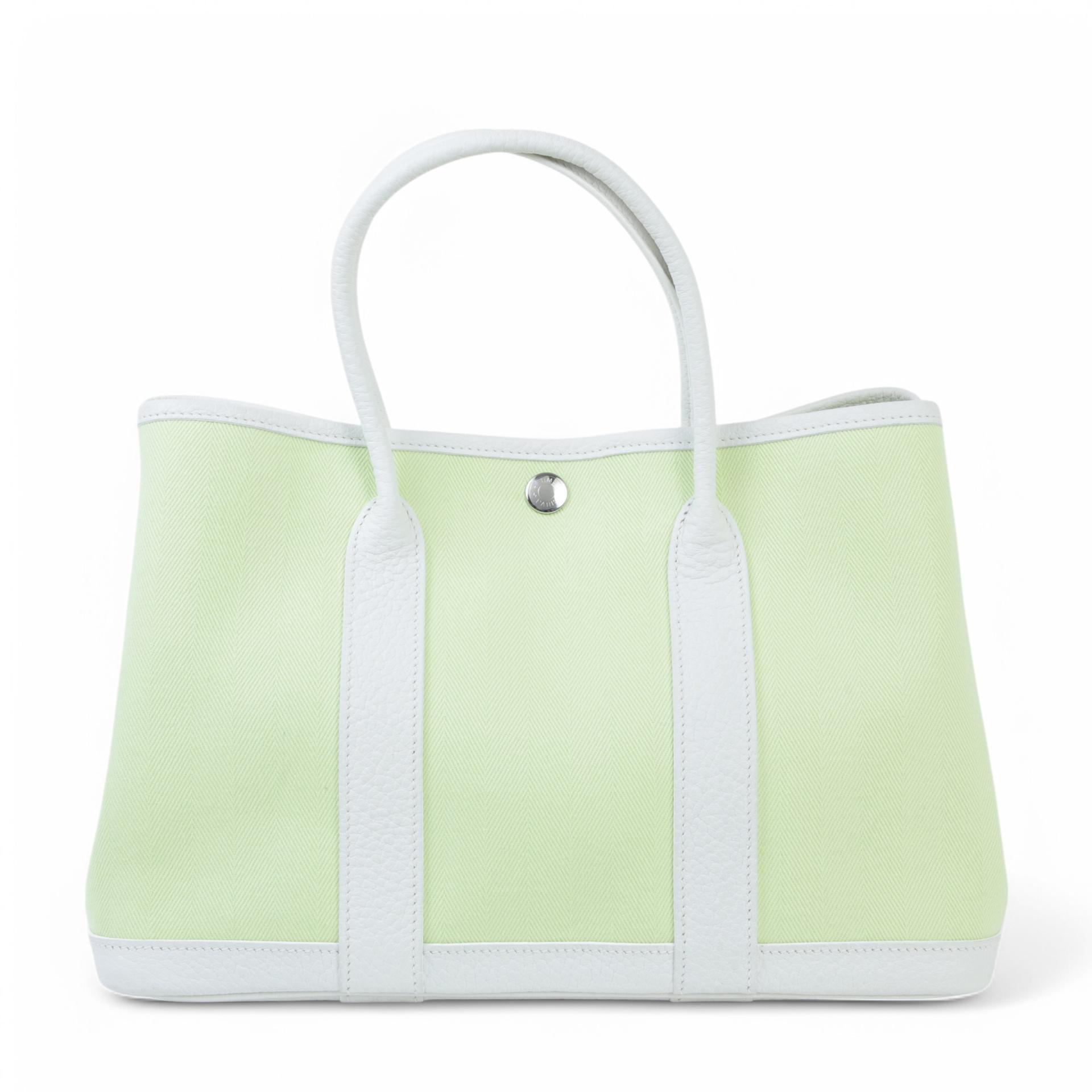 Very Good ( Rank A) HERMÈS Garden Party TPM Jaune Bourgeon (R9) White Toile H canvas Palladium hardware Square R (2014) - 1