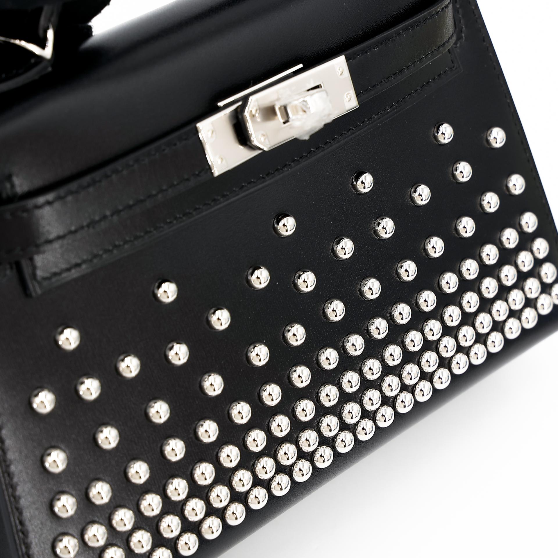 Brand New ( Rank N ) HERMÈS Limited Edition Mini Kelly II Cloute Studded Black (89) Box-calf Palladium hardware W (2024) - 8