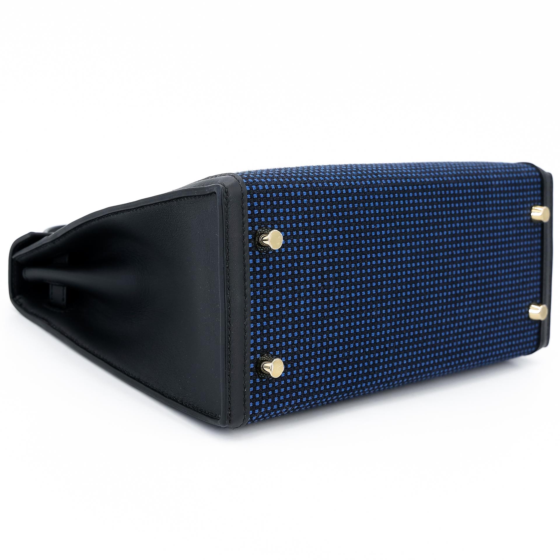 Excellent ( Rank SA ) HERMÈS Limited Edition Kelly 25 Quadrille Sellier Navy (7U) Black (89) Swift Toile Quadrille canvas Gold hardware W (2024) - 5