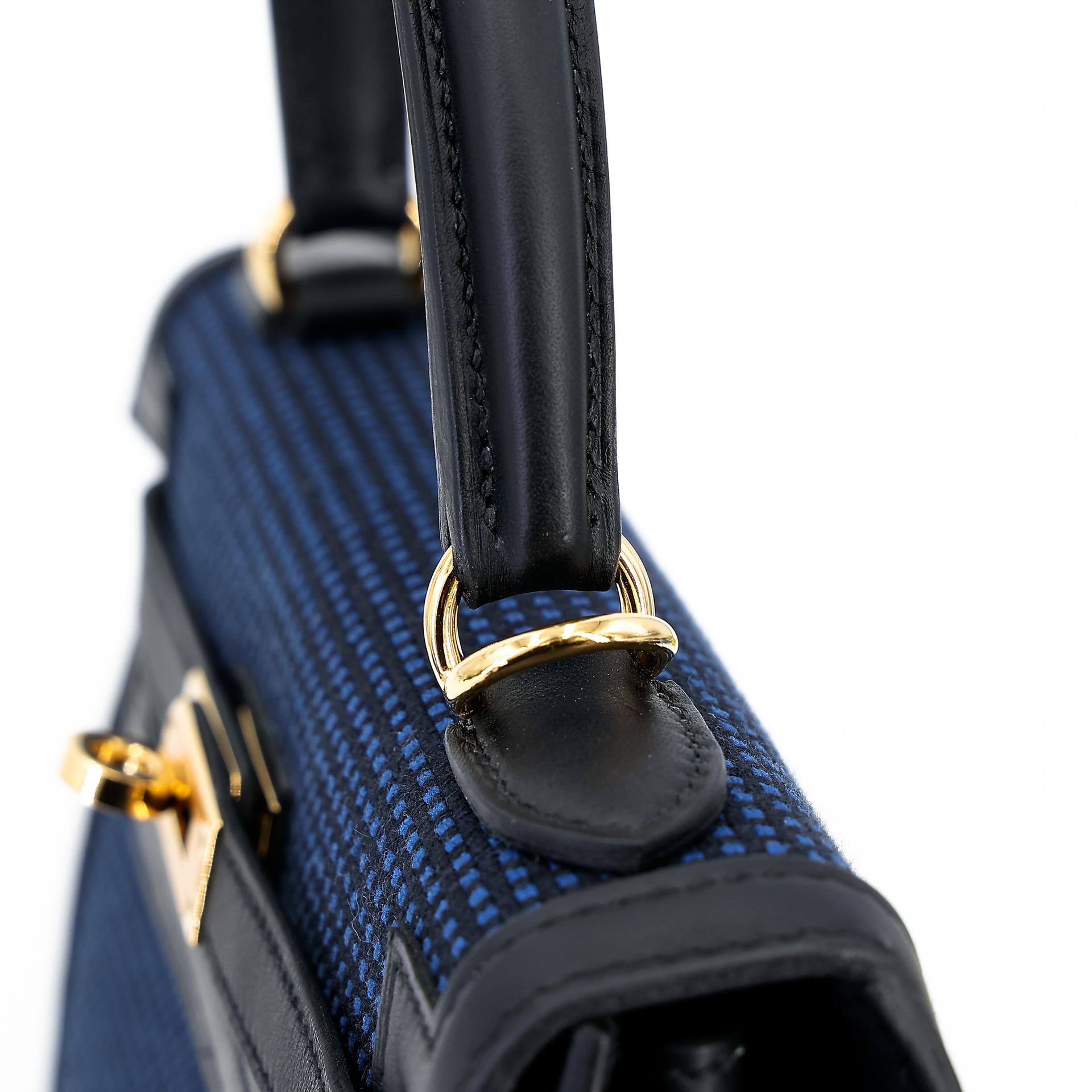 Excellent ( Rank SA ) HERMÈS Limited Edition Kelly 25 Quadrille Sellier Navy (7U) Black (89) Swift Toile Quadrille canvas Gold hardware W (2024) - 8