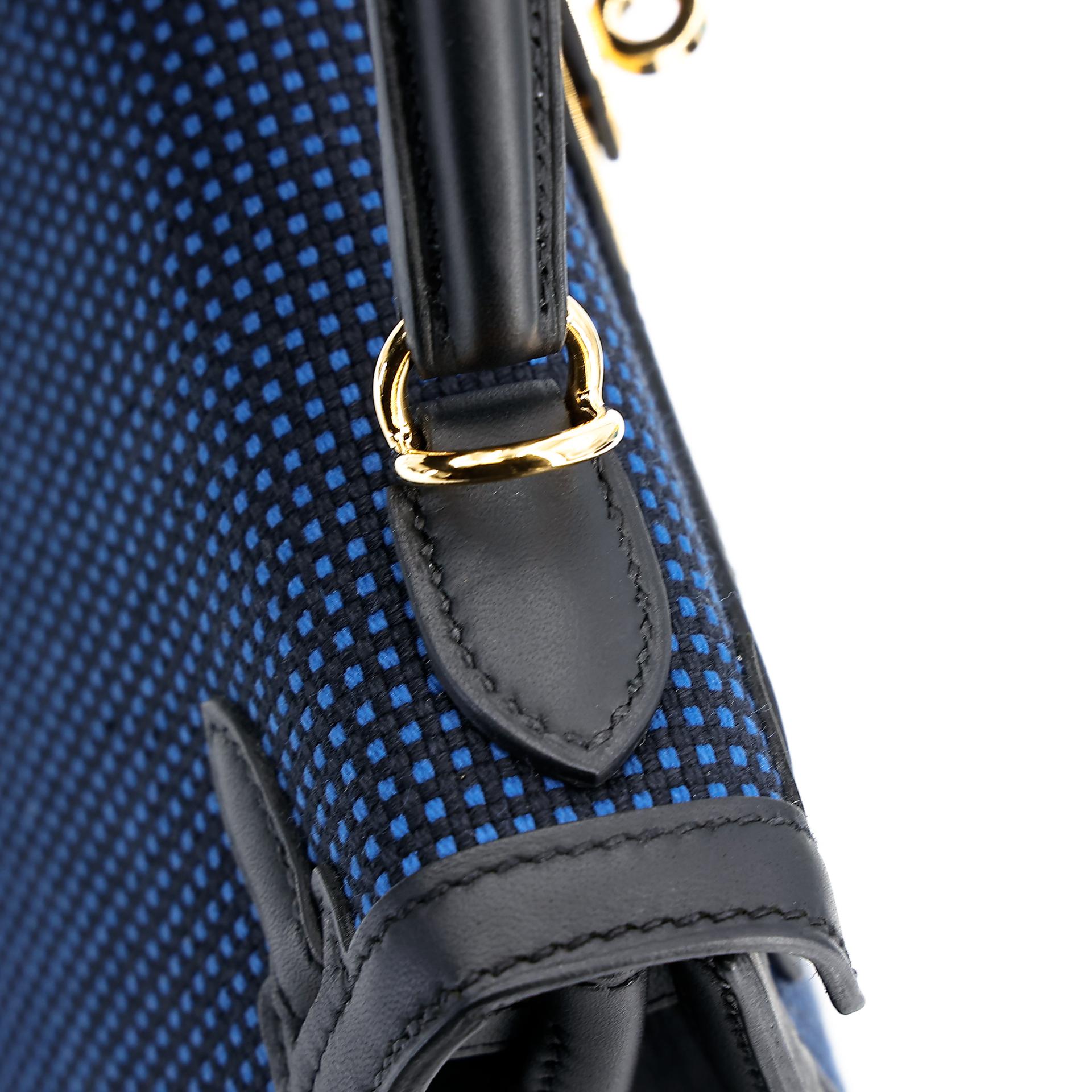 Excellent ( Rank SA ) HERMÈS Limited Edition Kelly 25 Quadrille Sellier Navy (7U) Black (89) Swift Toile Quadrille canvas Gold hardware W (2024) - 9