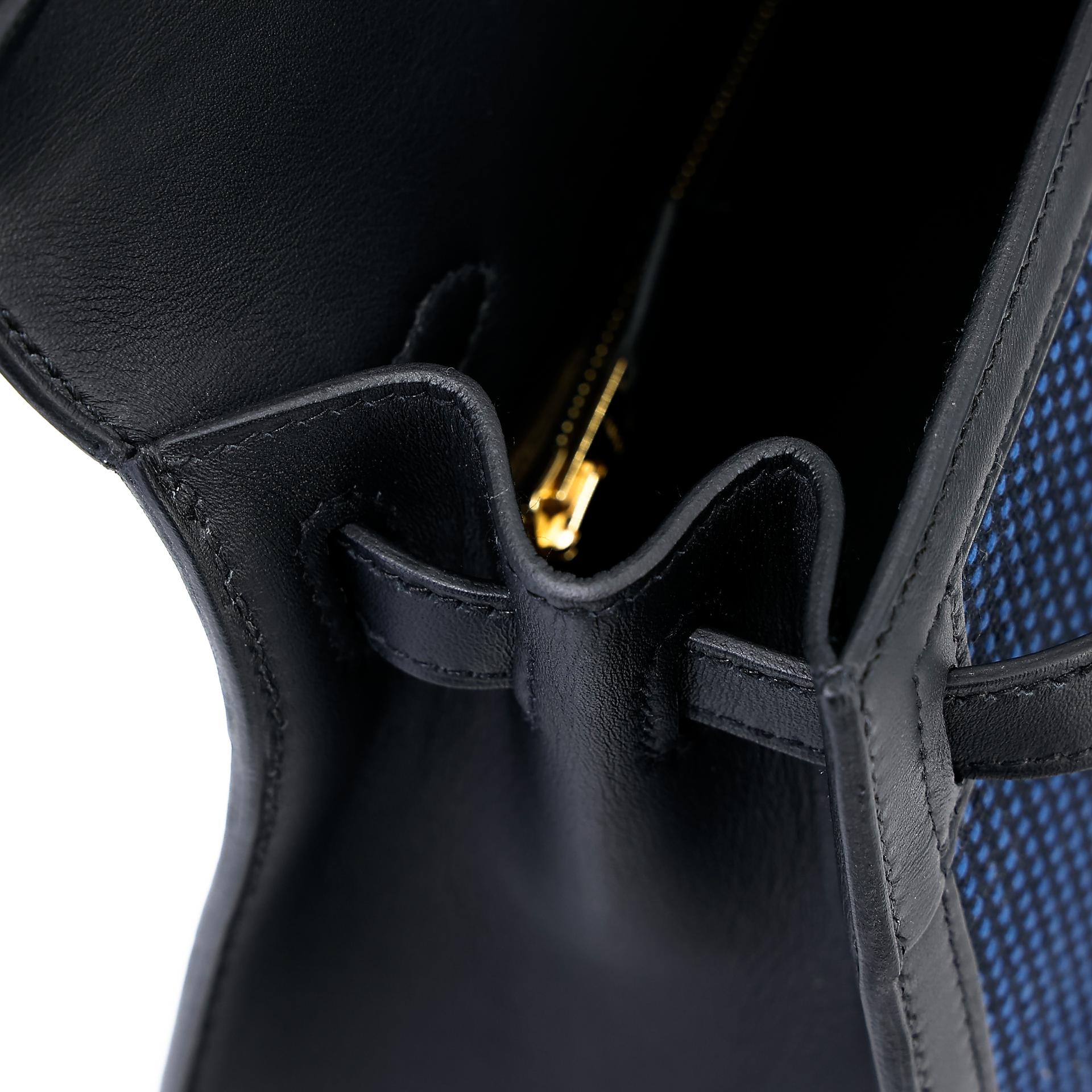 Excellent ( Rank SA ) HERMÈS Limited Edition Kelly 25 Quadrille Sellier Navy (7U) Black (89) Swift Toile Quadrille canvas Gold hardware W (2024) - 20