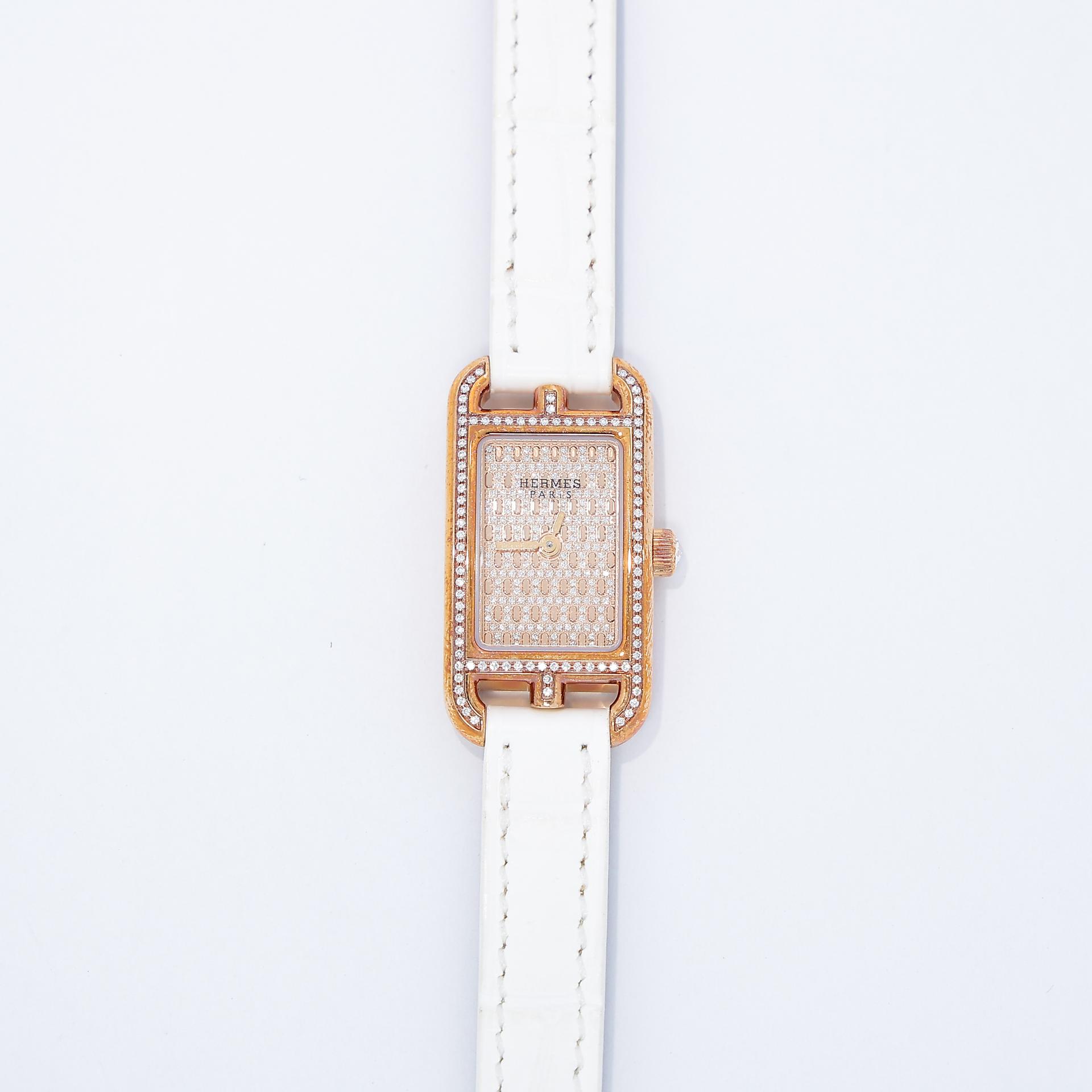 Excellent ( Rank SA ) HERMÈS Nantucket Mini Watch 16mm White (01) Alligator Diamond Rose Gold hardware Y (2020) - 2