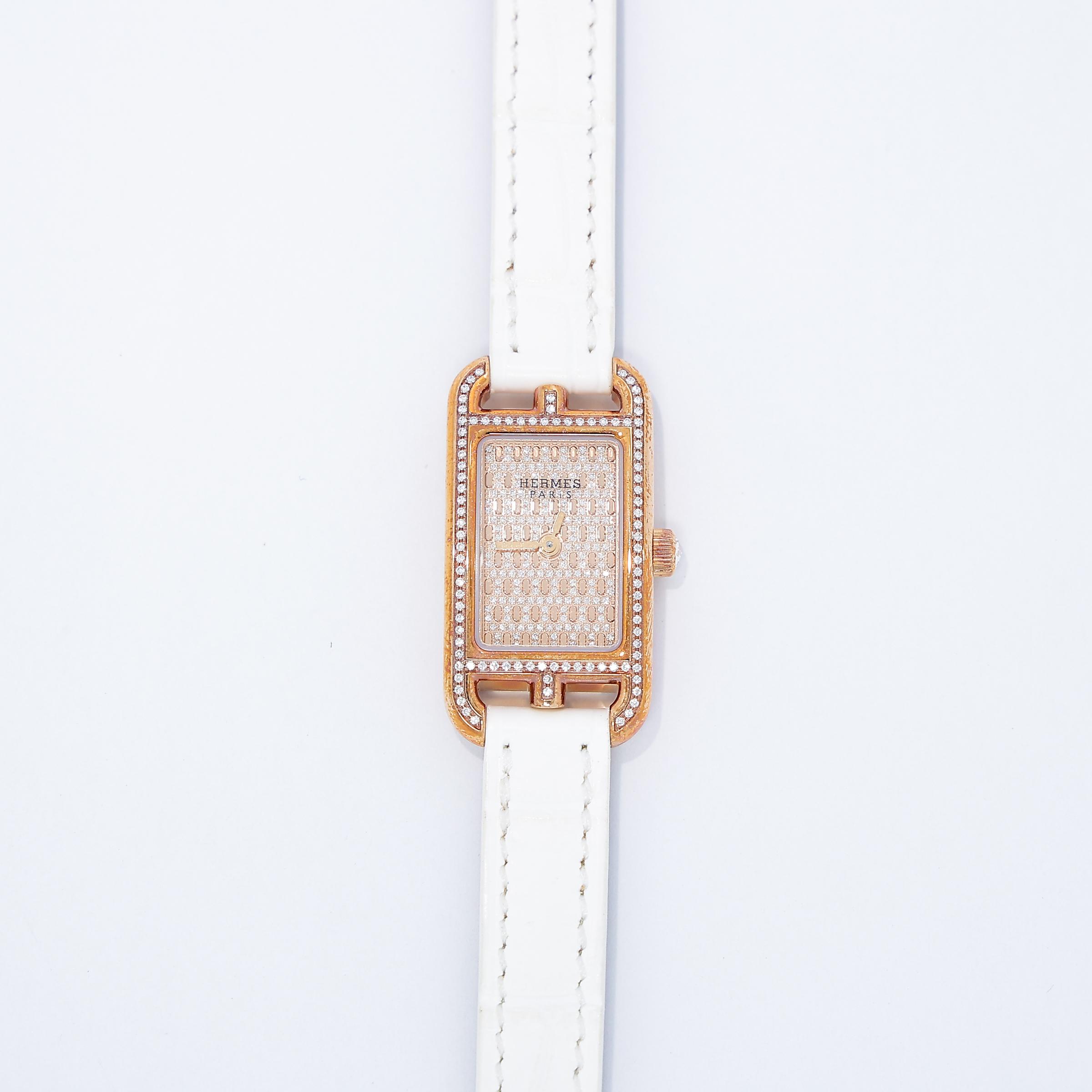 Excellent ( Rank SA ) HERMÈS Nantucket Mini Watch 16mm White (01) Alligator Diamond Rose Gold hardware Y (2020) - 2