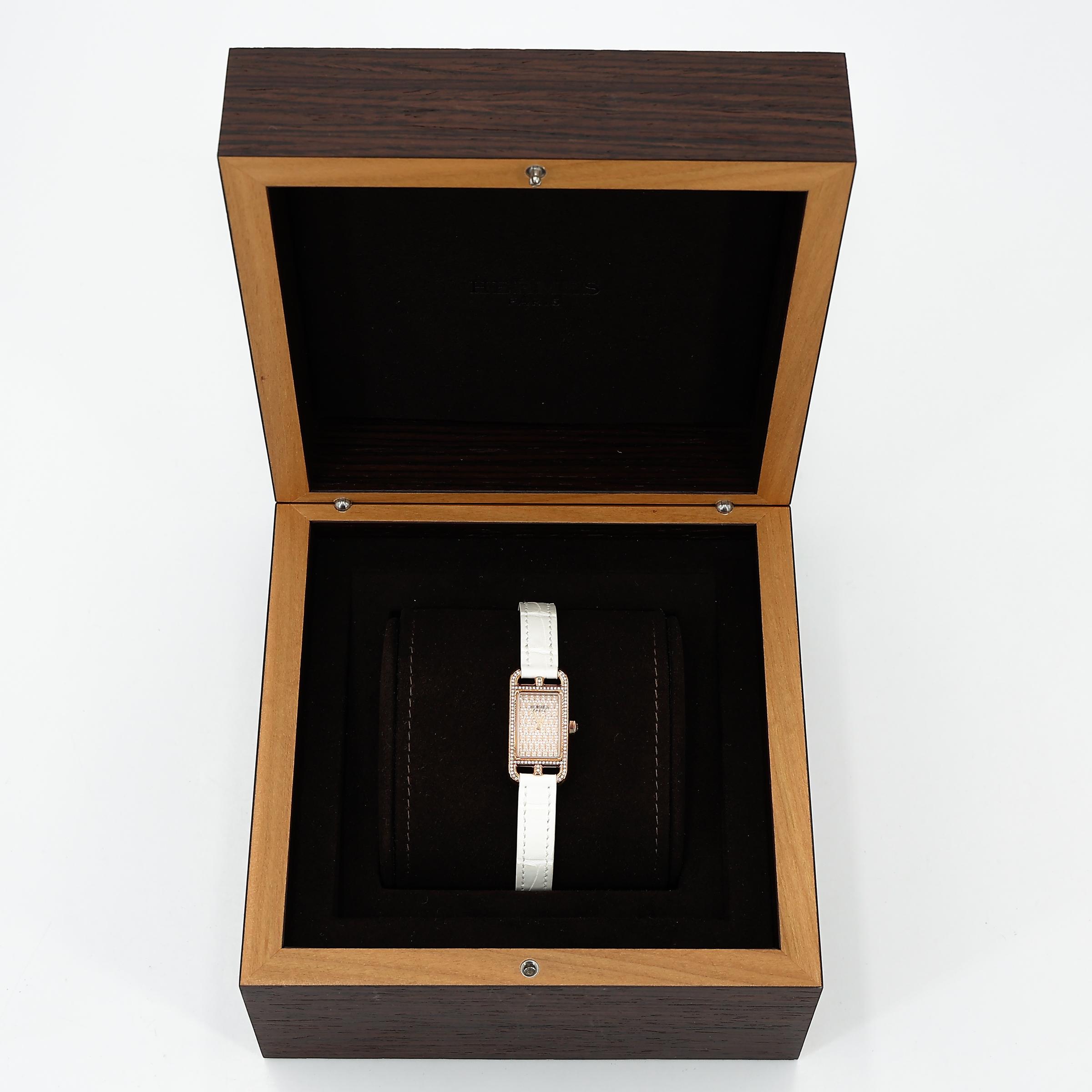Excellent ( Rank SA ) HERMÈS Nantucket Mini Watch 16mm White (01) Alligator Diamond Rose Gold hardware Y (2020) - 11