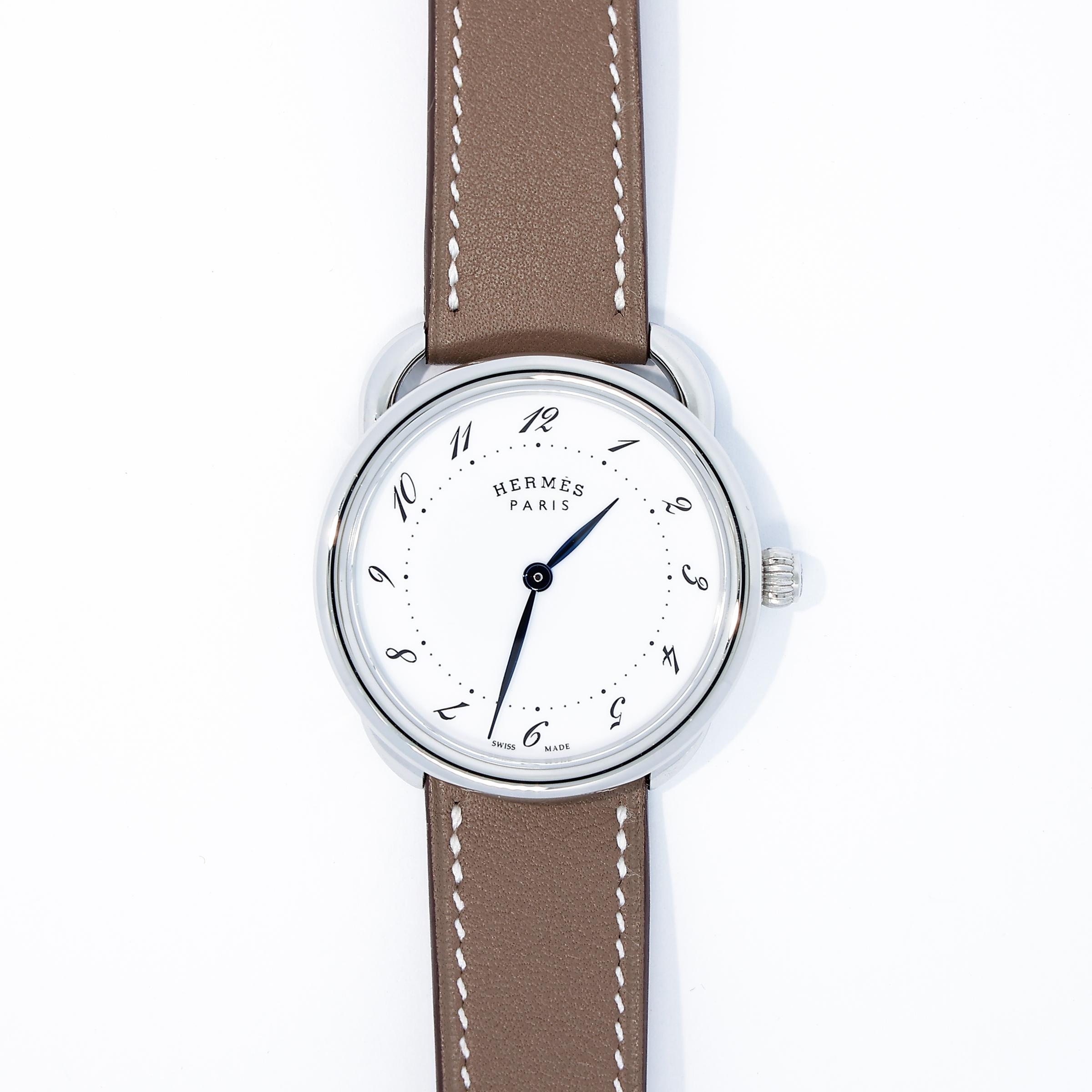 Unused ( Rank NS ) HERMÈS Arceau watch Large model 36mm Etoupe (18) Swift Palladium hardware Z (2021) - 2