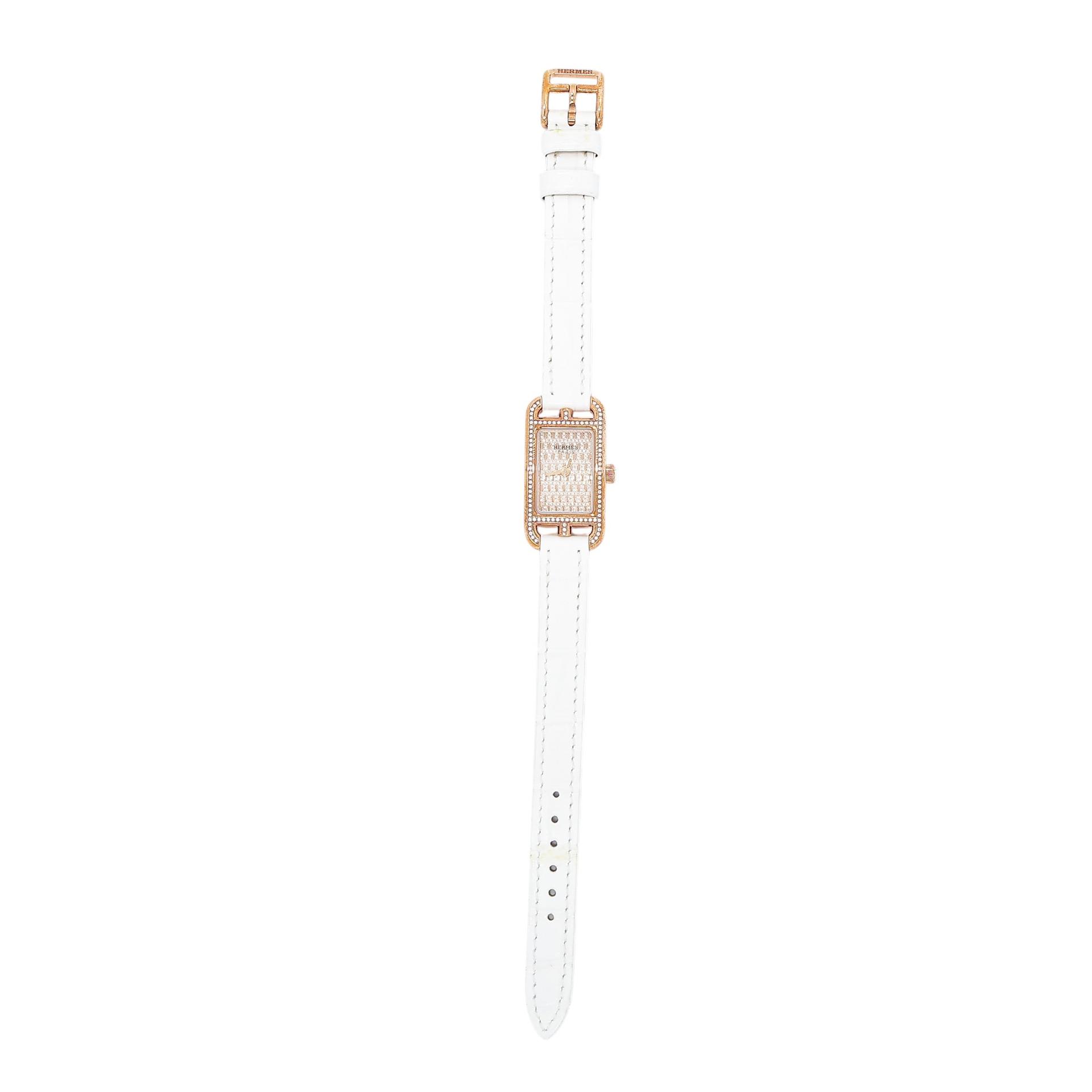 Excellent ( Rank SA ) HERMÈS Nantucket Mini Watch 16mm White (01) Alligator Diamond Rose Gold hardware Y (2020) - 1