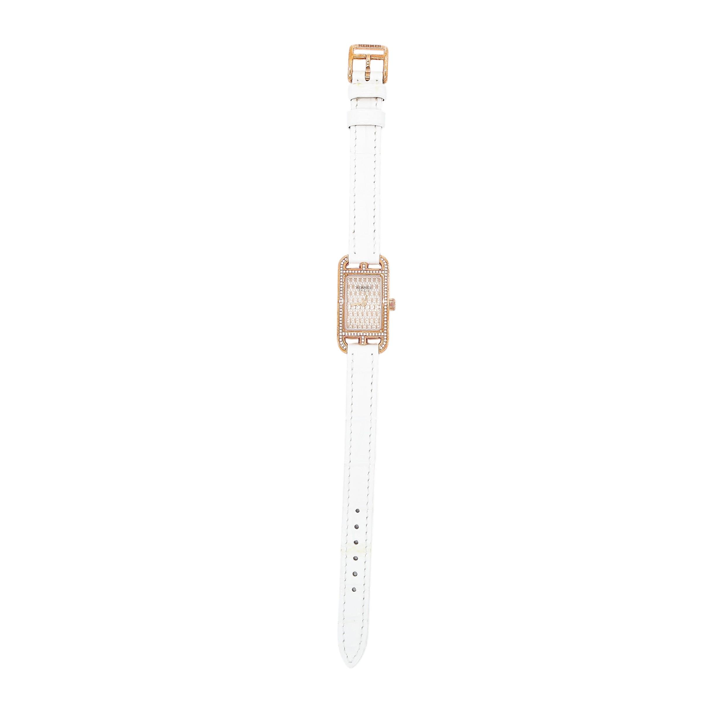 Excellent ( Rank SA ) HERMÈS Nantucket Mini Watch 16mm White (01) Alligator Diamond Rose Gold hardware Y (2020) - 1