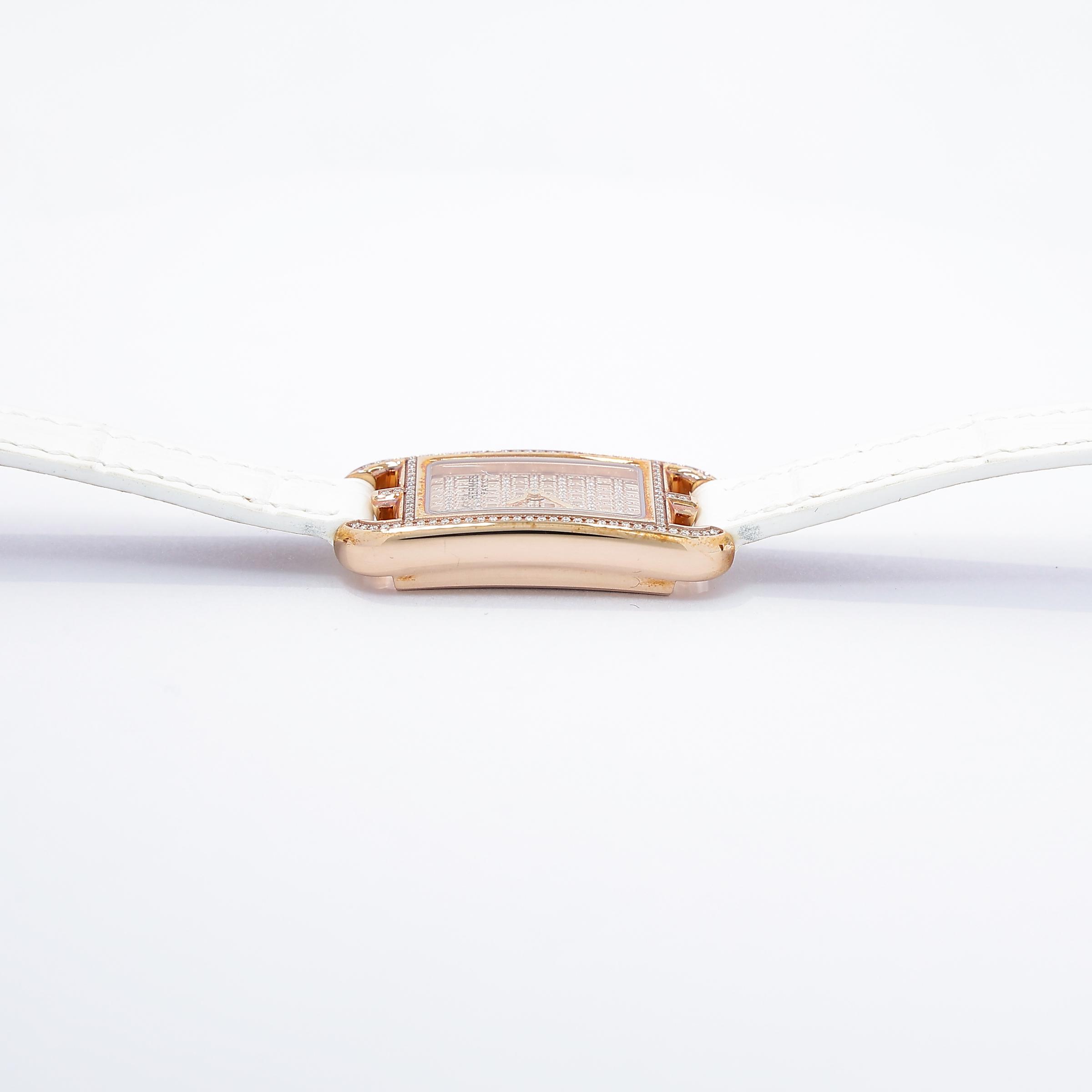 Excellent ( Rank SA ) HERMÈS Nantucket Mini Watch 16mm White (01) Alligator Diamond Rose Gold hardware Y (2020) - 9