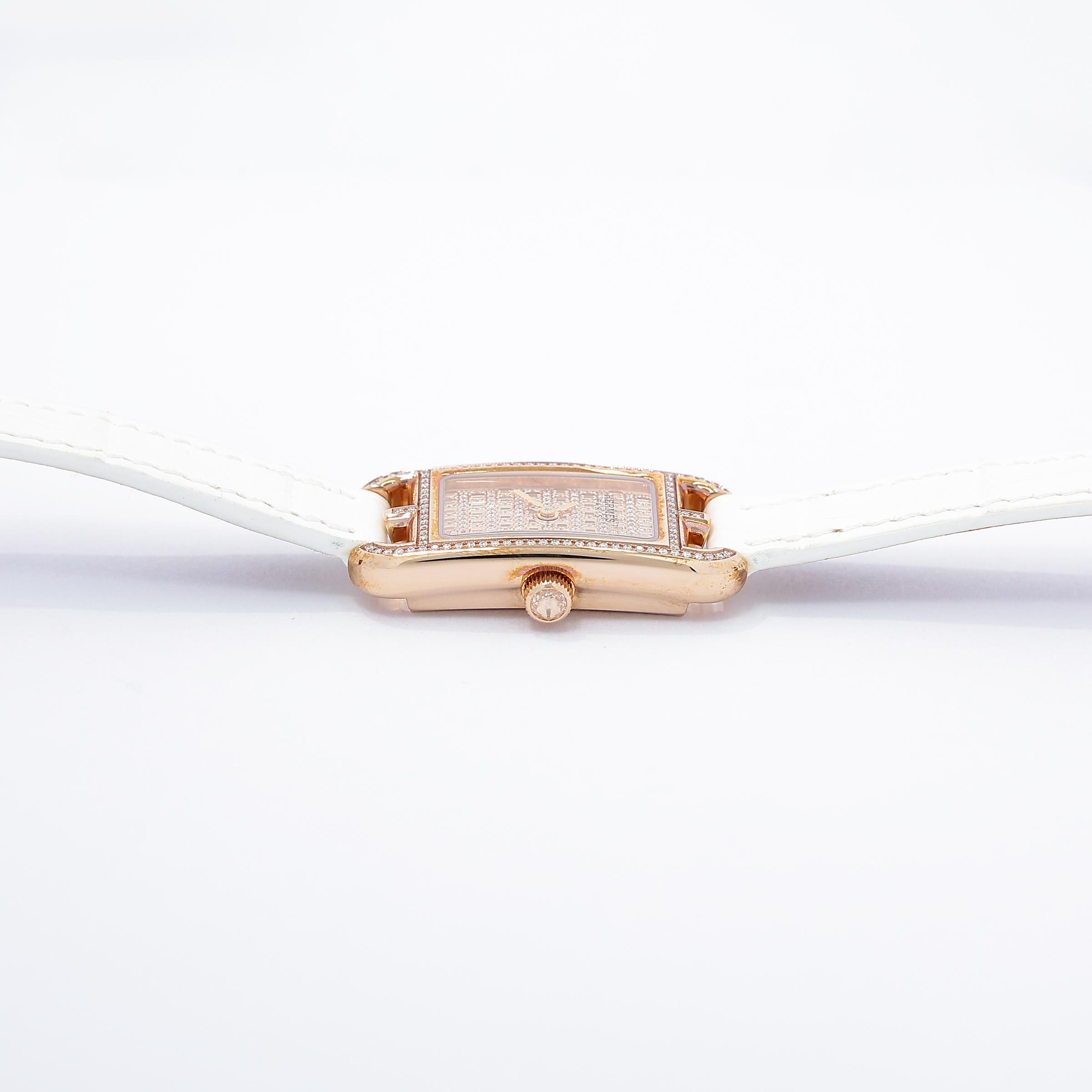 Excellent ( Rank SA ) HERMÈS Nantucket Mini Watch 16mm White (01) Alligator Diamond Rose Gold hardware Y (2020) - 10