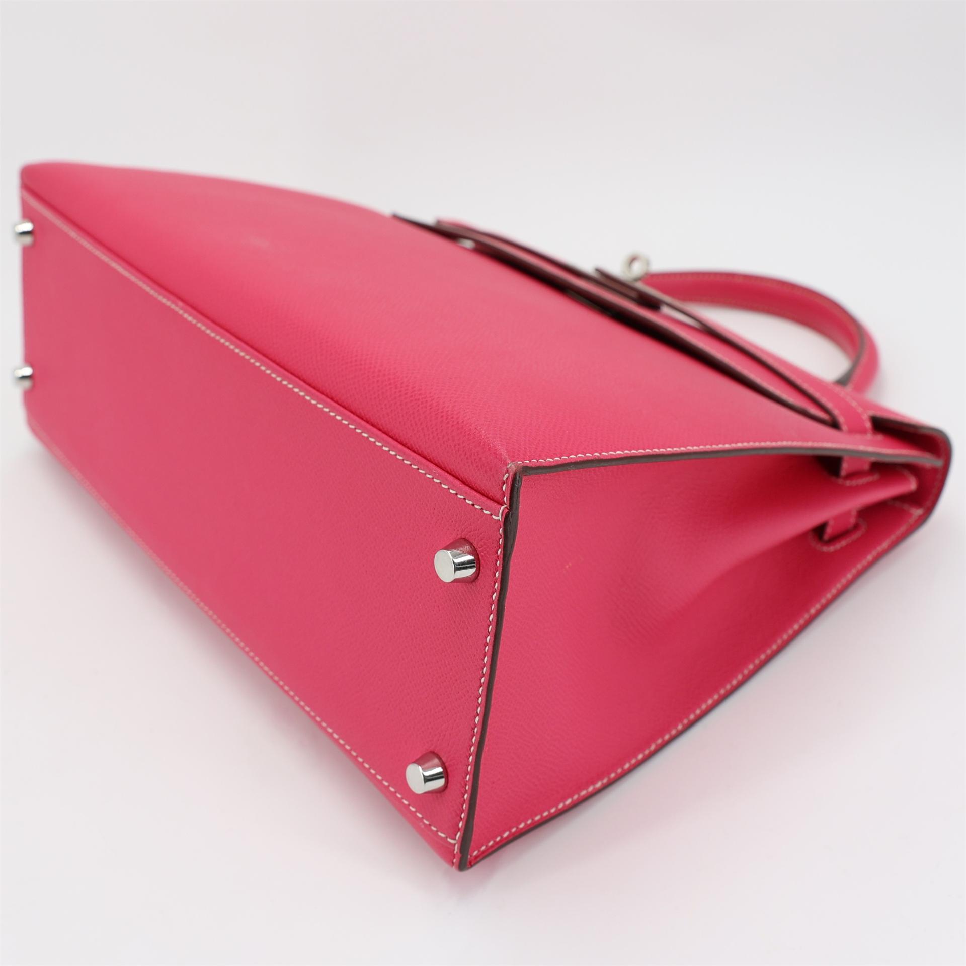 Very Good ( Rank A) HERMÈS Kelly 32 Sellier Rose Tyrien (E5) Epsom Palladium hardware Square Q (2013) - 5