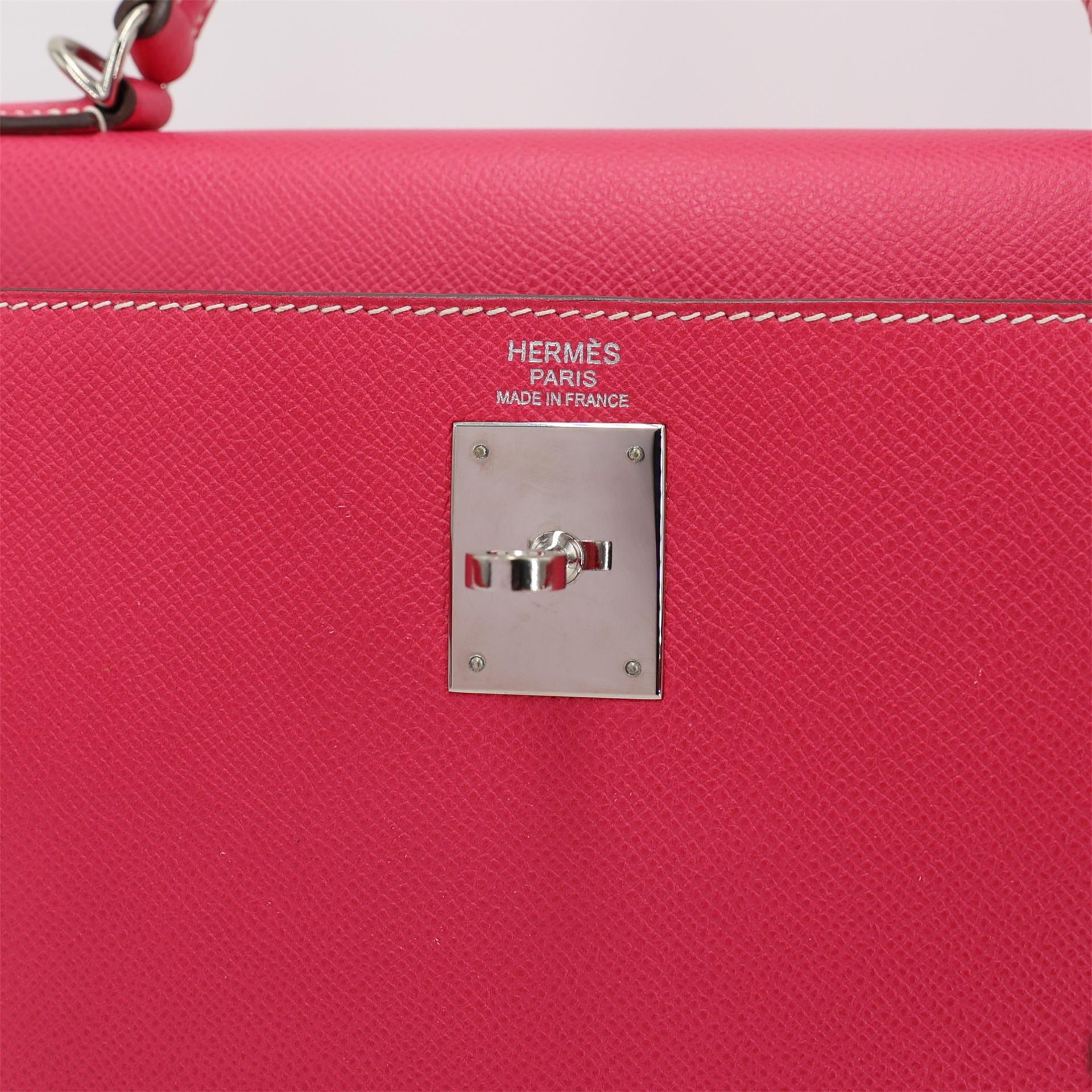 Very Good ( Rank A) HERMÈS Kelly 32 Sellier Rose Tyrien (E5) Epsom Palladium hardware Square Q (2013) - 9